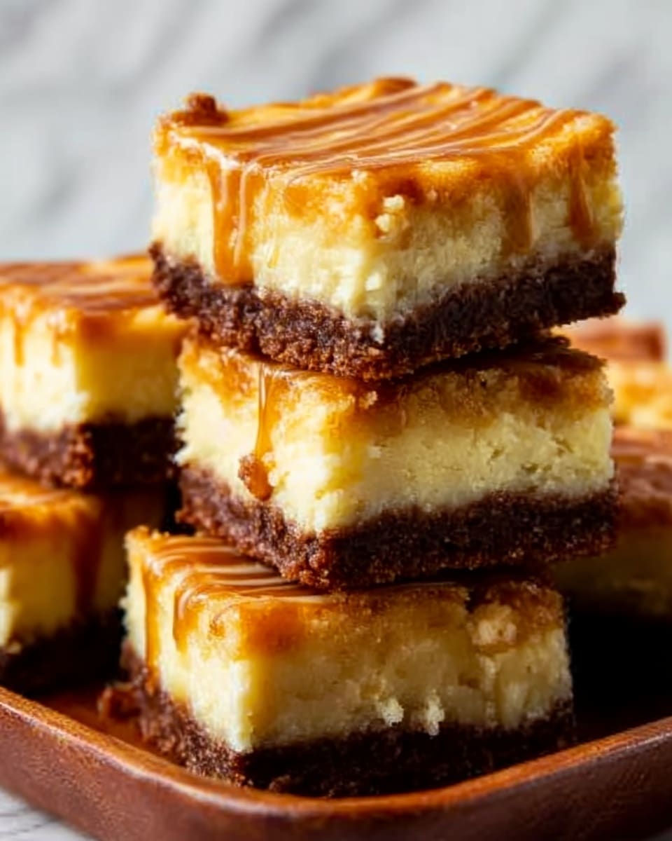 The image shows a stack of square dessert bars on a brown tray, each bar has three layers: the bottom layer is a thick, dark brown crust, the middle layer is a creamy, light yellow filling, and the top layer is golden brown with a smooth caramel drizzle creating a shiny texture. The bars look soft and moist with slightly crumbly edges. The background is a white marbled texture. photo taken with an iphone --ar 4:5 --v 7