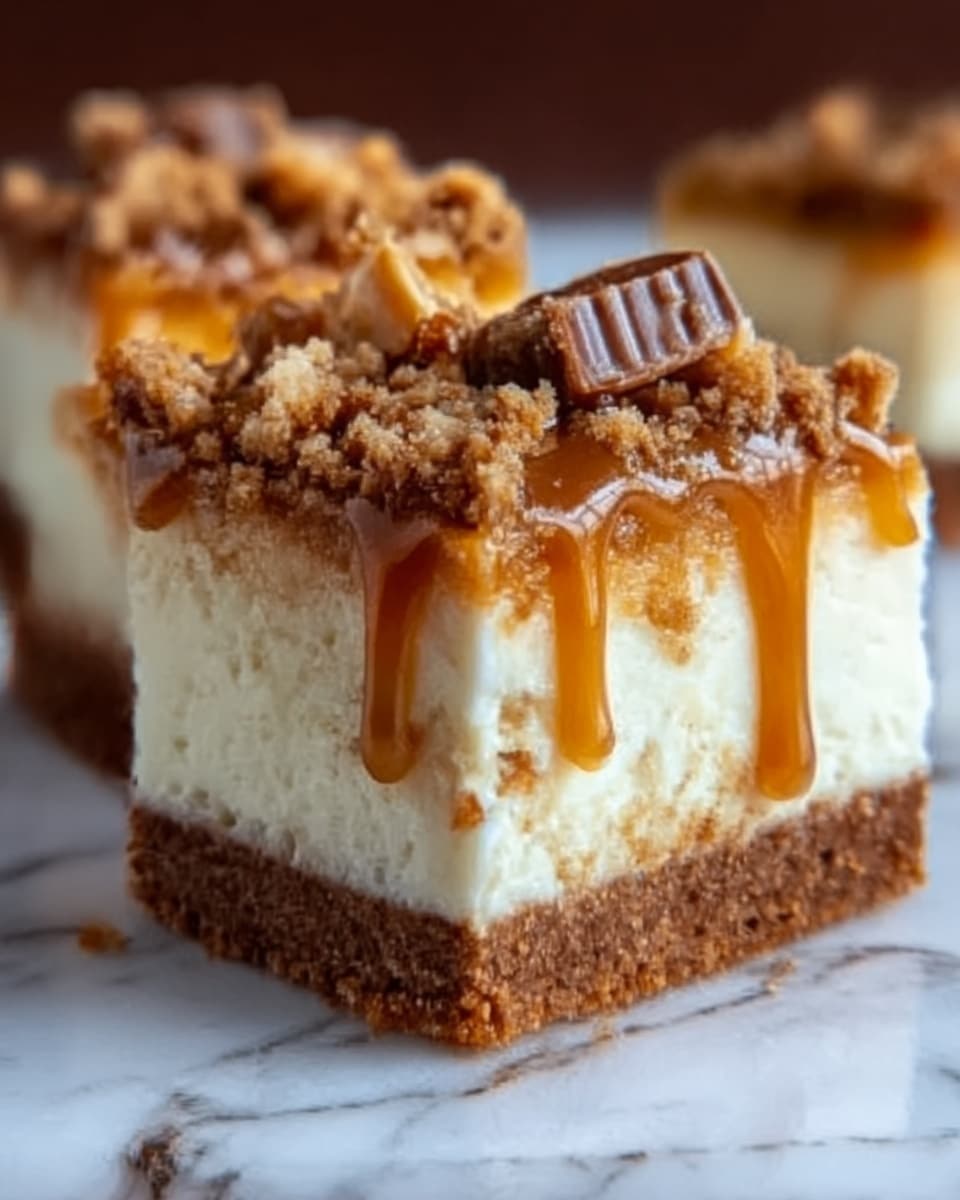 The image shows two square pieces of a dessert with three visible layers on a white marbled surface. The bottom layer is a thick brown crumbly base, the middle layer is a smooth white creamy layer, and the top layer is a caramel sauce dripping down slightly, covered with a crumbly brown topping that includes small pieces of what looks like candy bars or nuts. The texture of the layers looks soft and rich while the top crumbly part adds crunch. The dessert pieces are close together, showing the clean layers clearly. Photo taken with an iphone --ar 4:5 --v 7