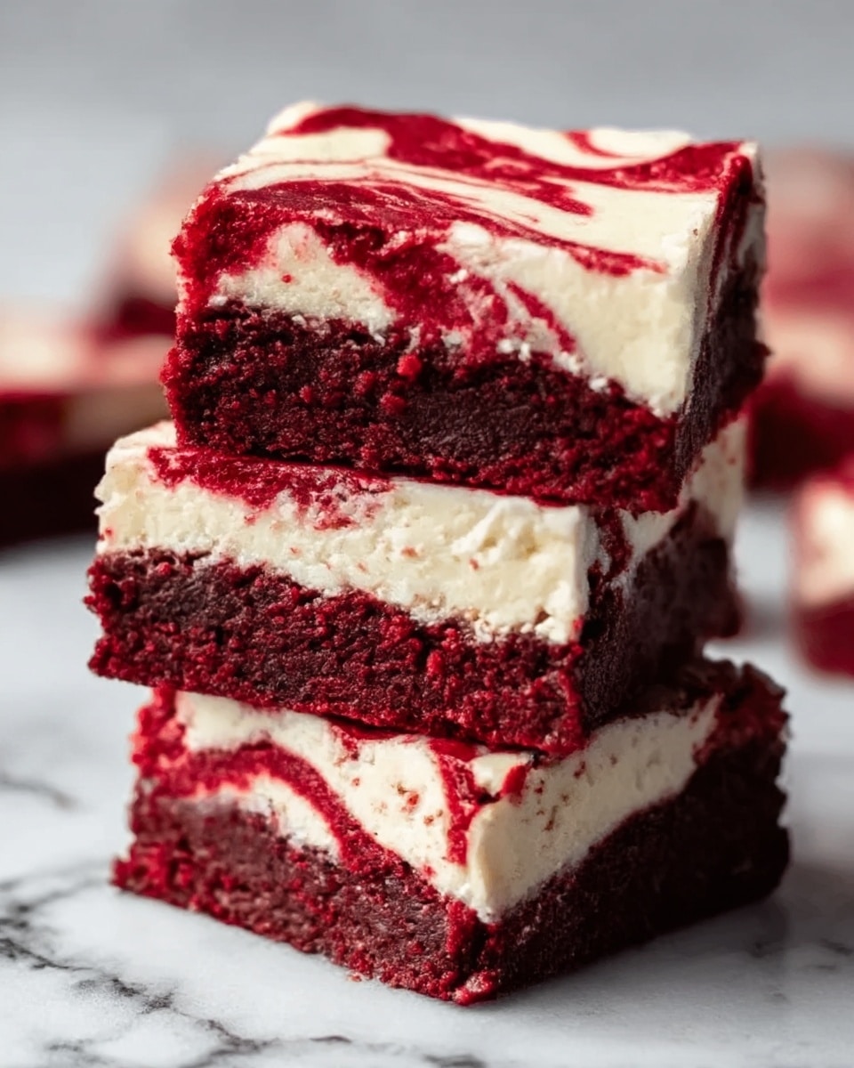 The image shows two stacked red velvet cheesecake brownies on a white marbled surface. Each brownie has three layers: a rich dark red velvet base, a creamy white cheesecake middle, and a thinner dark red velvet top layer with swirls of white cheesecake. The edges are clean and squared, with a moist and dense texture visible. The lighting highlights the smooth cream and soft cake textures clearly. Photo taken with an iphone --ar 4:5 --v 7