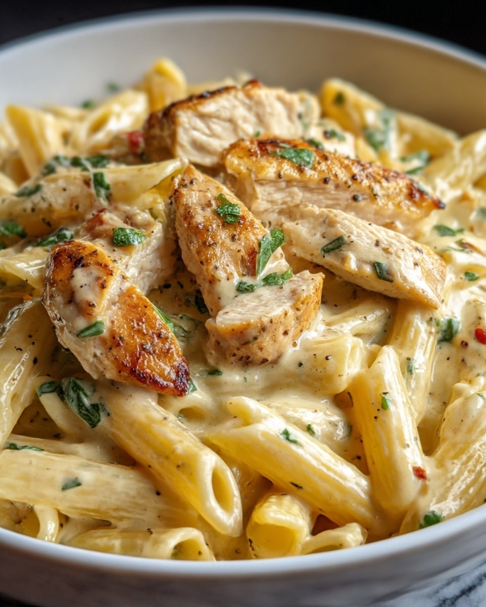 A close-up view of a white bowl filled with creamy pasta, showing about three layers: at the bottom are short penne pasta pieces in a pale yellow sauce, mixed with large chunks of golden-brown grilled chicken placed on top, sprinkled with small green herb bits and black pepper. The texture is smooth and creamy with visible seasoning, all set on a white marbled surface. Photo taken with an iphone --ar 4:5 --v 7