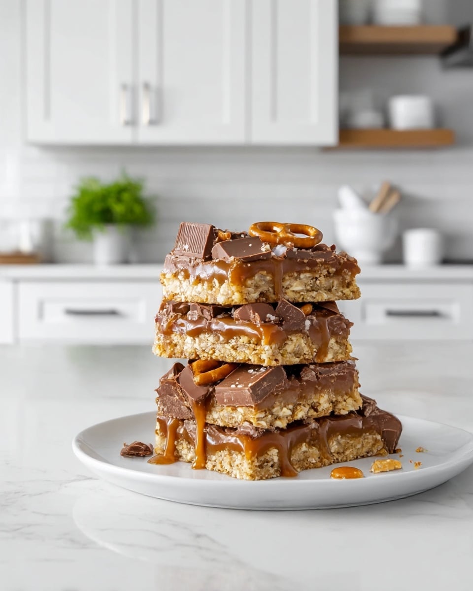 A stack of three thick dessert bars on a white plate, each bar made of multiple layers: a crumbly, golden oatmeal base, a middle layer of gooey caramel, and topped with broken pieces of milk chocolate and scattered pretzel bits. The chocolate has a smooth, shiny texture, and the caramel looks soft and sticky, some of it dripping slightly down the sides. The white plate sits on a white marbled surface, with a blurred modern kitchen in the background featuring white cabinets and drawers, a small green plant, and various white kitchenware. photo taken with an iphone --ar 4:5 --v 7