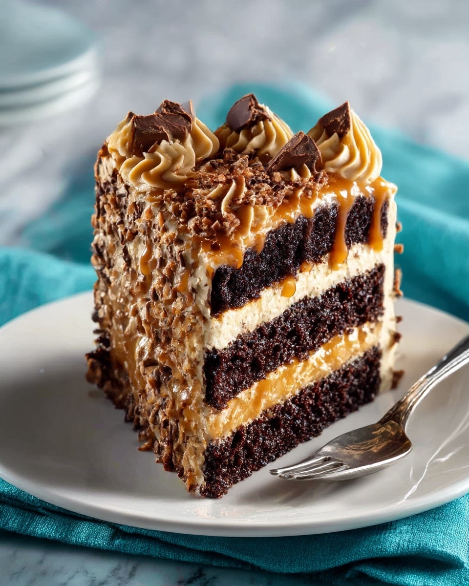 A slice of cake with three dark chocolate layers separated by thick, creamy caramel-colored frosting with caramel drizzle. The outside is covered in light tan frosting with small chocolate shavings, and the top edge is decorated with dollops of the same caramel frosting topped with more chocolate pieces. The cake slice sits on a white plate next to a silver spoon, placed on a turquoise cloth over a white marbled surface. Photo taken with an iphone --ar 4:5 --v 7
