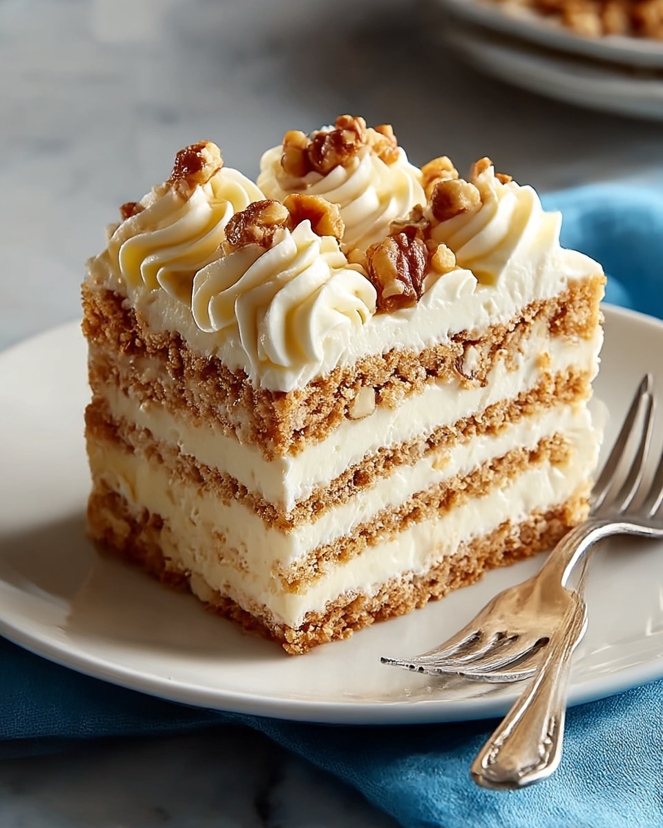 A slice of layered dessert is shown on a white plate with a silver fork next to it. The dessert has multiple thin layers of light brown, crumbly biscuit alternating with thick, creamy white layers of frosting or cream. The top layer is covered with swirls of white cream, decorated with clusters of chopped nuts that are golden brown. The white plate sits on a white marbled texture, with a soft blue cloth partially visible beneath the plate. Photo taken with an iphone --ar 4:5 --v 7