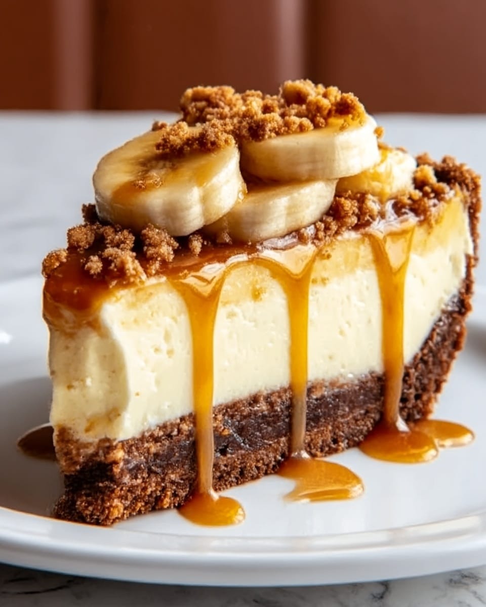 A slice of pie on a white plate shows three main layers: a thick dark brown crumbly crust at the bottom, a large creamy light yellow layer in the middle, and a topping of banana slices covered with golden caramel sauce dripping down the sides. The pie is sprinkled with small brown crumb pieces on top, adding texture. The white marbled surface under the plate contrasts with the warm tones of the pie. Photo taken with an iphone --ar 4:5 --v 7