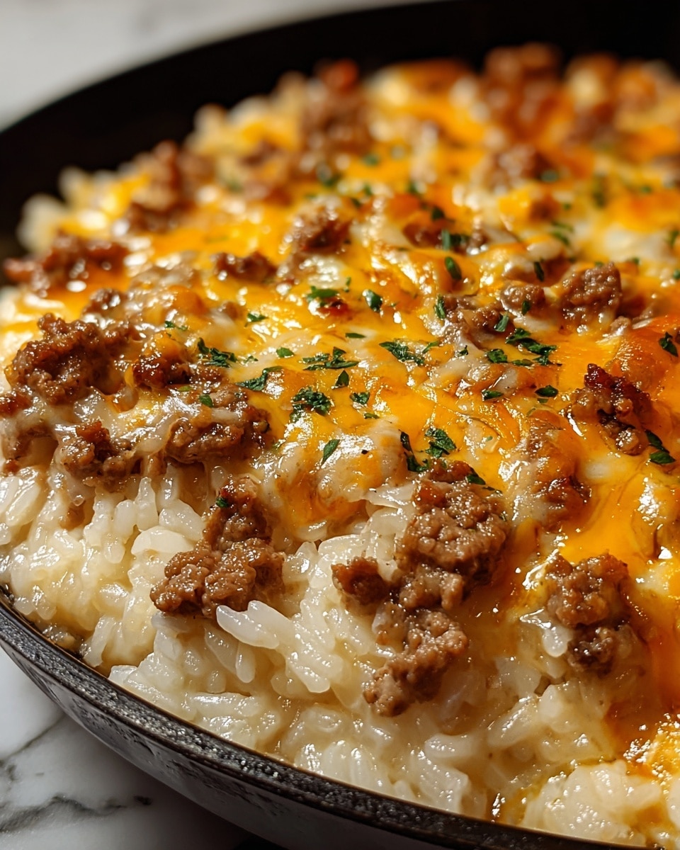 The image shows a close-up of a creamy dish served in a round white bowl, with three main layers visible. The bottom layer is soft, shiny white rice that looks well-cooked and moist. The middle layer is browned ground meat pieces scattered across the rice. The top layer is melted cheese with an orange and white mix, slightly crispy and stretchy in texture, sprinkled with small green herb bits. The dish’s colors blend warmly with a mix of white, brown, orange, and green on the white marbled surface. photo taken with an iphone --ar 4:5 --v 7