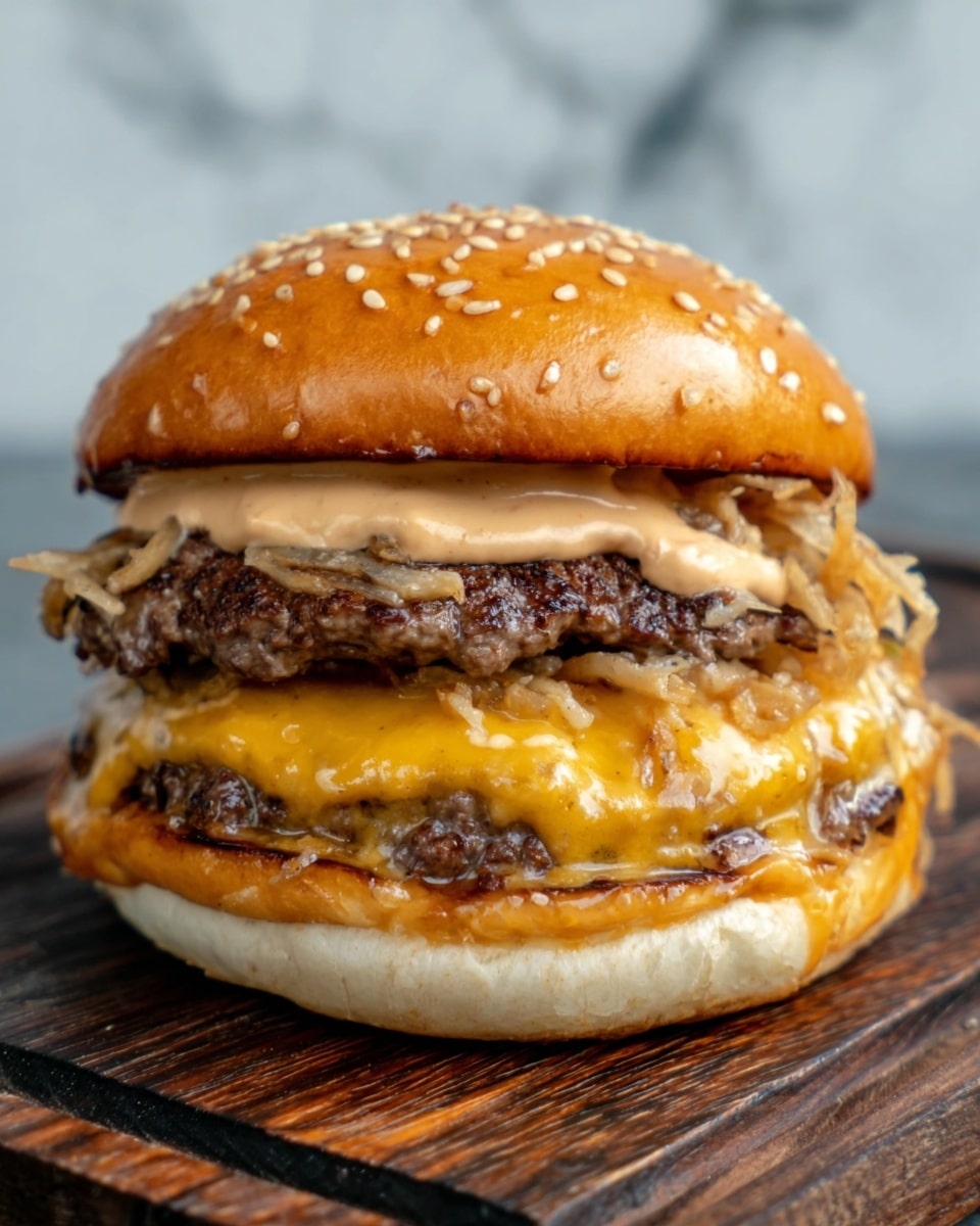 A close-up of a cheeseburger with three thick beef patties that are slightly charred and juicy, each separated by melted, bright orange cheddar cheese slices oozing over the edges. On top of the patties, there is a layer of creamy, light brown sauce with a smooth texture, slightly dripping down the sides, and some finely chopped white onions visible under the sauce. The whole stack is held by a soft, shiny sesame seed bun that is golden brown and has a slightly glossy texture. The burger is placed on a white plate, and the background is a white marbled surface. photo taken with an iphone --ar 4:5 --v 7