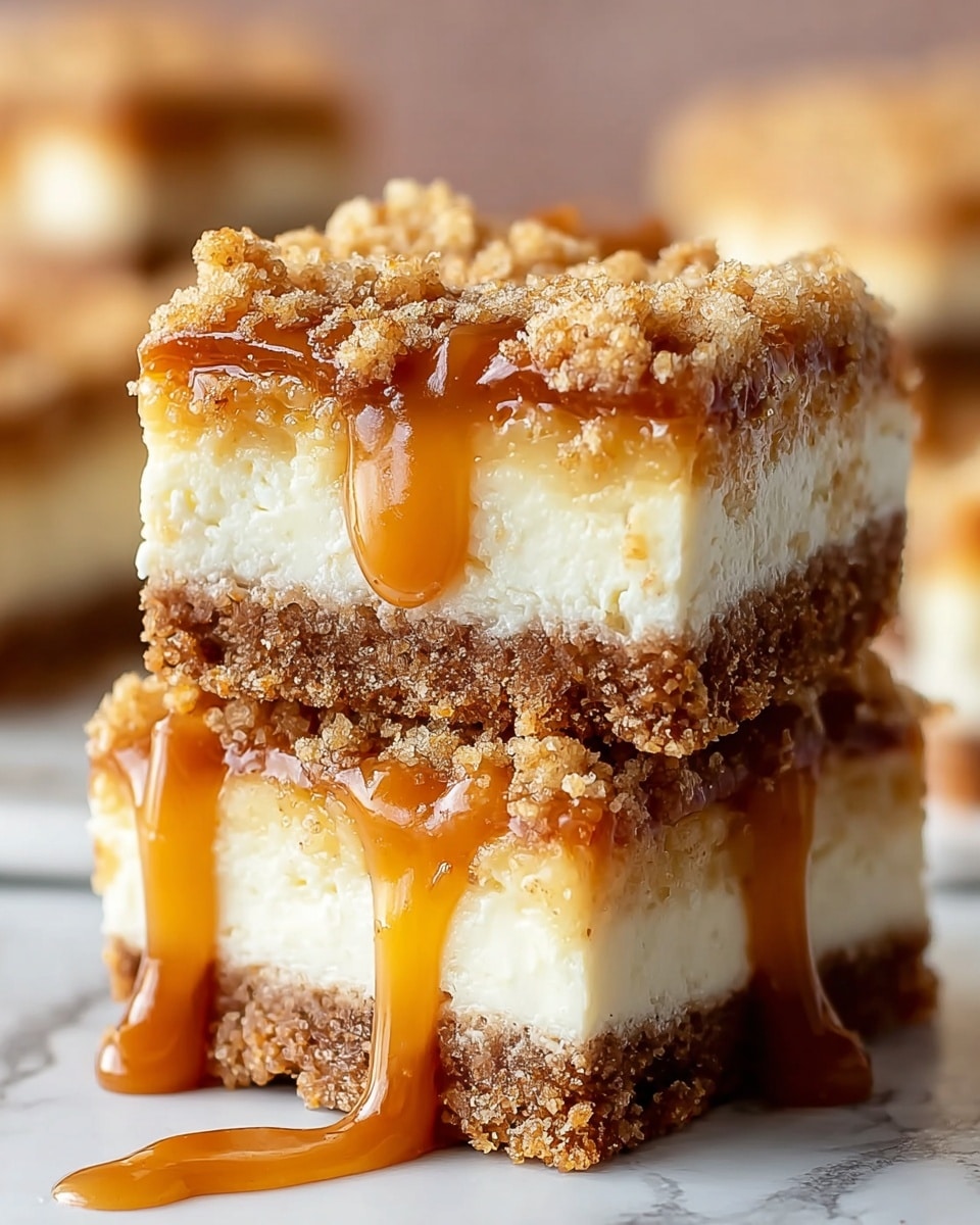 Two stacked dessert squares sit close together on a white marbled surface, each with three visible layers: a crumbly brown base, a thick white creamy middle, and a golden crumbly topping. Glossy caramel sauce drips down the sides and over the crumbly top, adding a shiny contrast to the soft textures. The layers are distinct and even, with the dessert looking rich and moist. A blurred background shows more squares in soft light. photo taken with an iphone --ar 4:5 --v 7