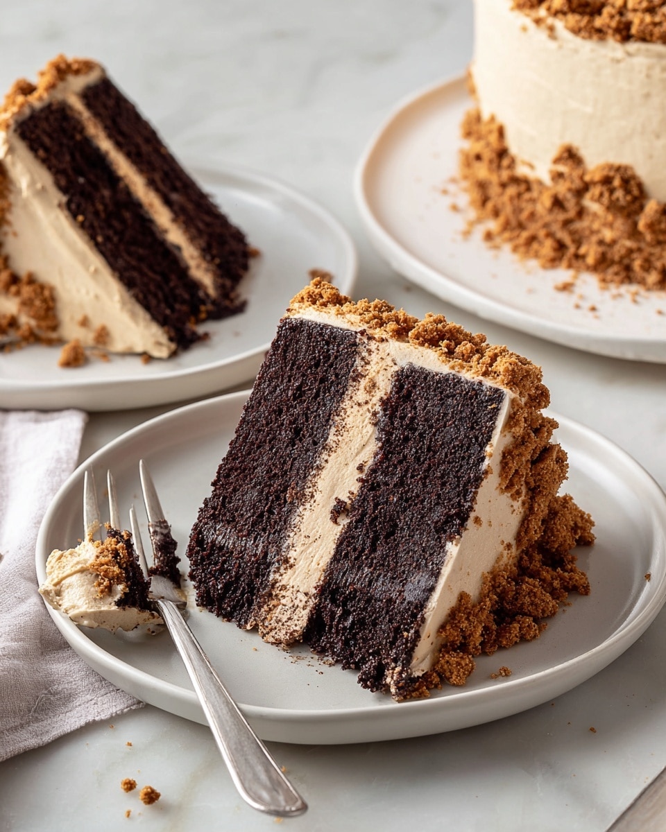 The image shows a slice of two-layer dark chocolate cake with light brown creamy frosting between the layers and on top, decorated with crumbled cookie pieces on the top edge. The cake slice is placed on a white plate with a silver fork holding a small bite of the cake in the front. In the background, another cake slice on a white plate and part of the remaining cake on a white plate can be seen, all set on a white marbled surface. Photo taken with an iphone --ar 4:5 --v 7