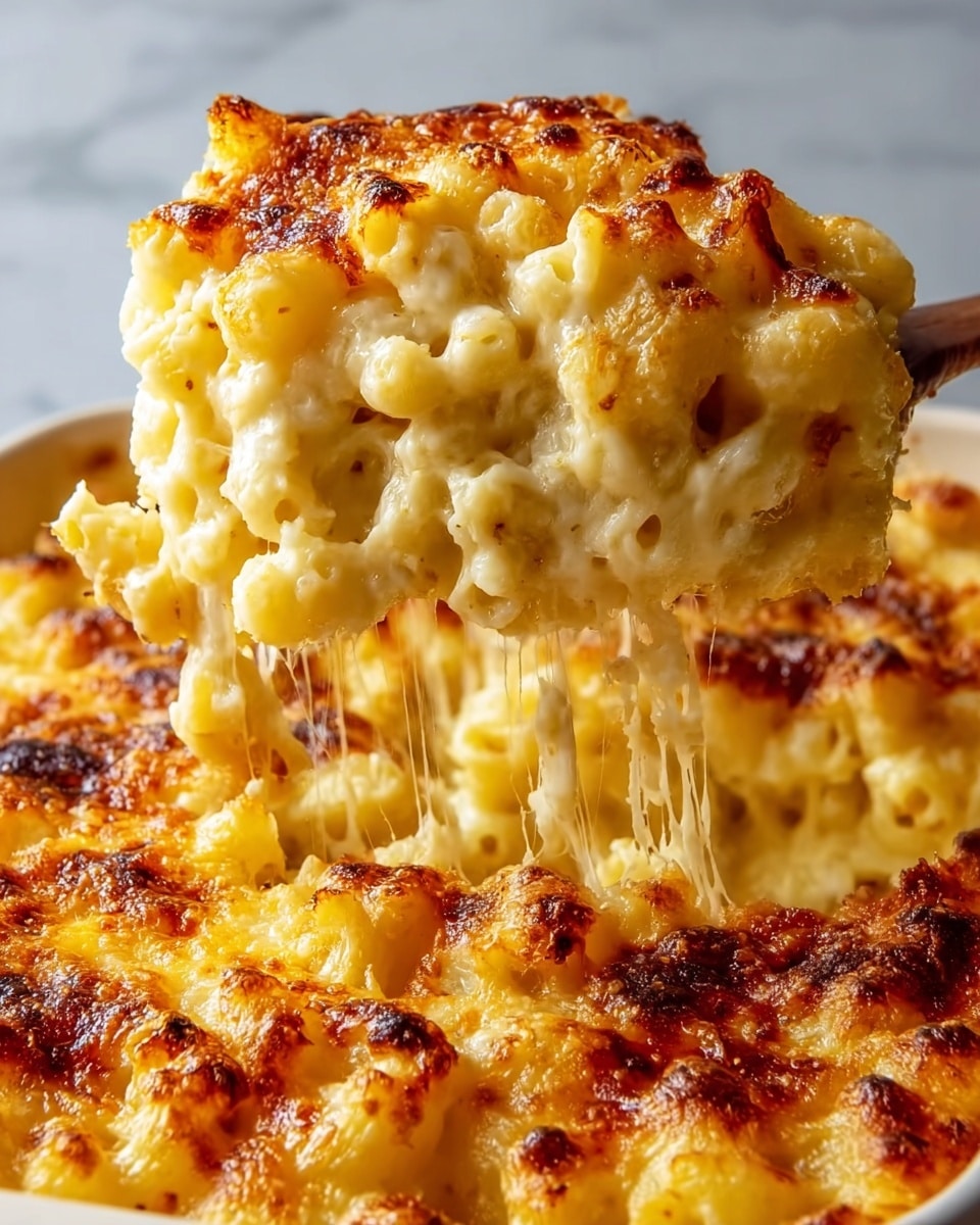 A close-up view of a thick, cheesy macaroni and cheese slice being lifted from a white dish, showing two main layers: the top layer is golden brown and bubbly with spots of darker crispy cheese, while the bottom layer is creamy, pale yellow macaroni pasta covered in melted cheese that stretches and clings with elastic, gooey strands as the slice is lifted. The macaroni pieces are small and tubular, packed tightly with sauce in between. The white marbled surface is blurred in the background. Photo taken with an iphone --ar 4:5 --v 7
