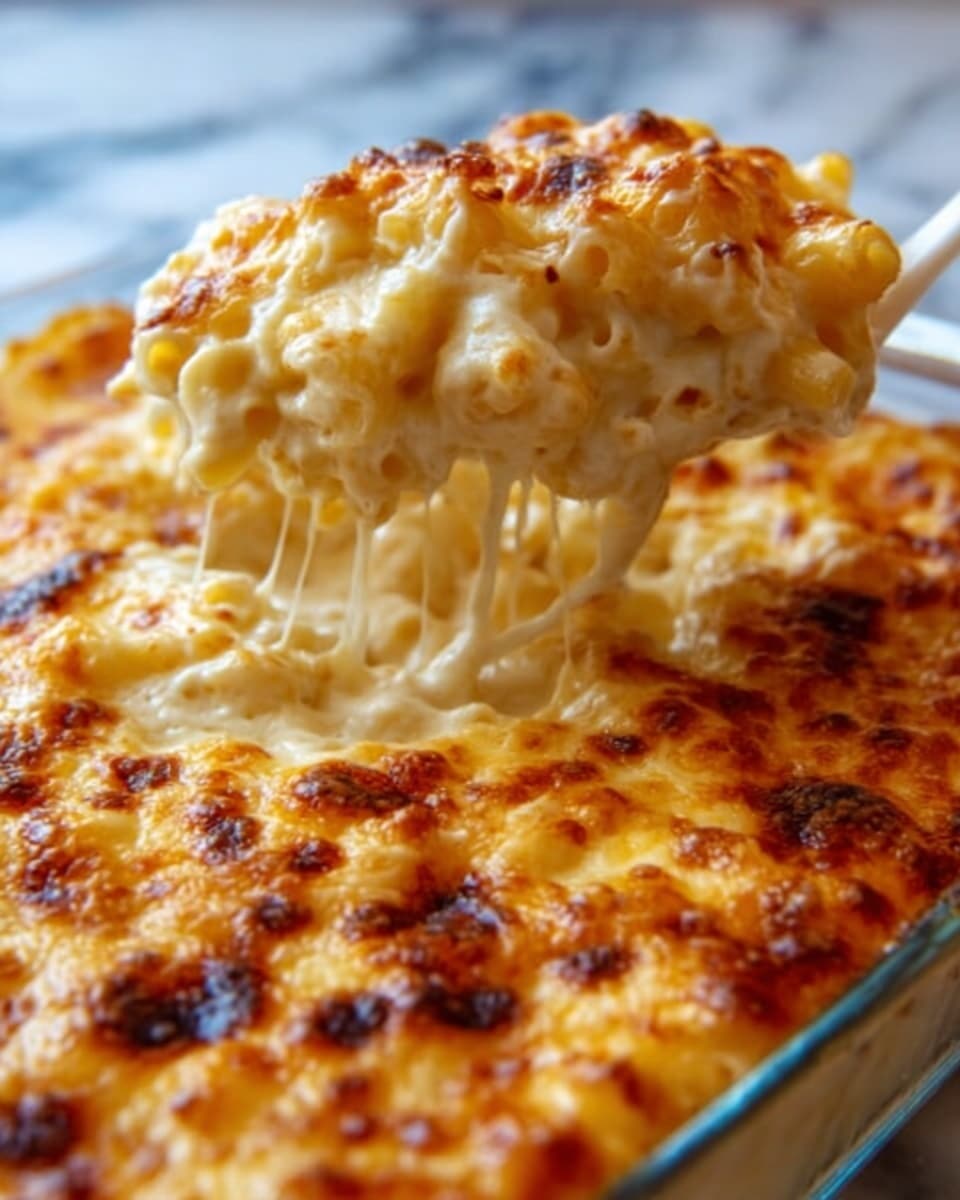 The image shows a close-up of a baked dish with a golden brown, bubbly cheese crust on top. A slice is being lifted, revealing melted, stretchy cheese underneath along with creamy layers of pasta. The top layer is crispy and browned unevenly, with some darker spots around the edges from baking. The texture looks gooey and soft inside with thick, creamy sauce coating the pasta layers below the cheese. The dish sits against a white marbled surface. Photo taken with an iphone --ar 4:5 --v 7