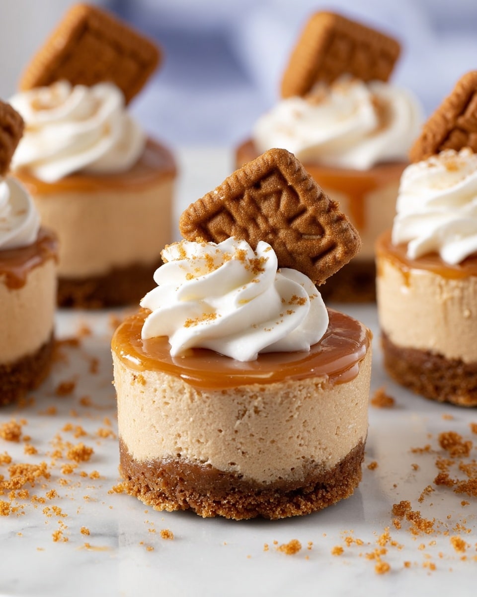 A group of small round mini cheesecakes each with three layers: a bottom layer of crumbly brown cookie crust, a thick middle layer of light brown creamy cheesecake, and a thin top layer of smooth caramel-colored sauce. Each cheesecake is topped with a swirl of white whipped cream and a square brown cookie placed at an angle. Crumbs of the brown cookie are scattered on the white marbled surface underneath the cheesecakes. The image is well lit and focused on the front cheesecake with others softly blurred in the background. photo taken with an iphone --ar 4:5 --v 7