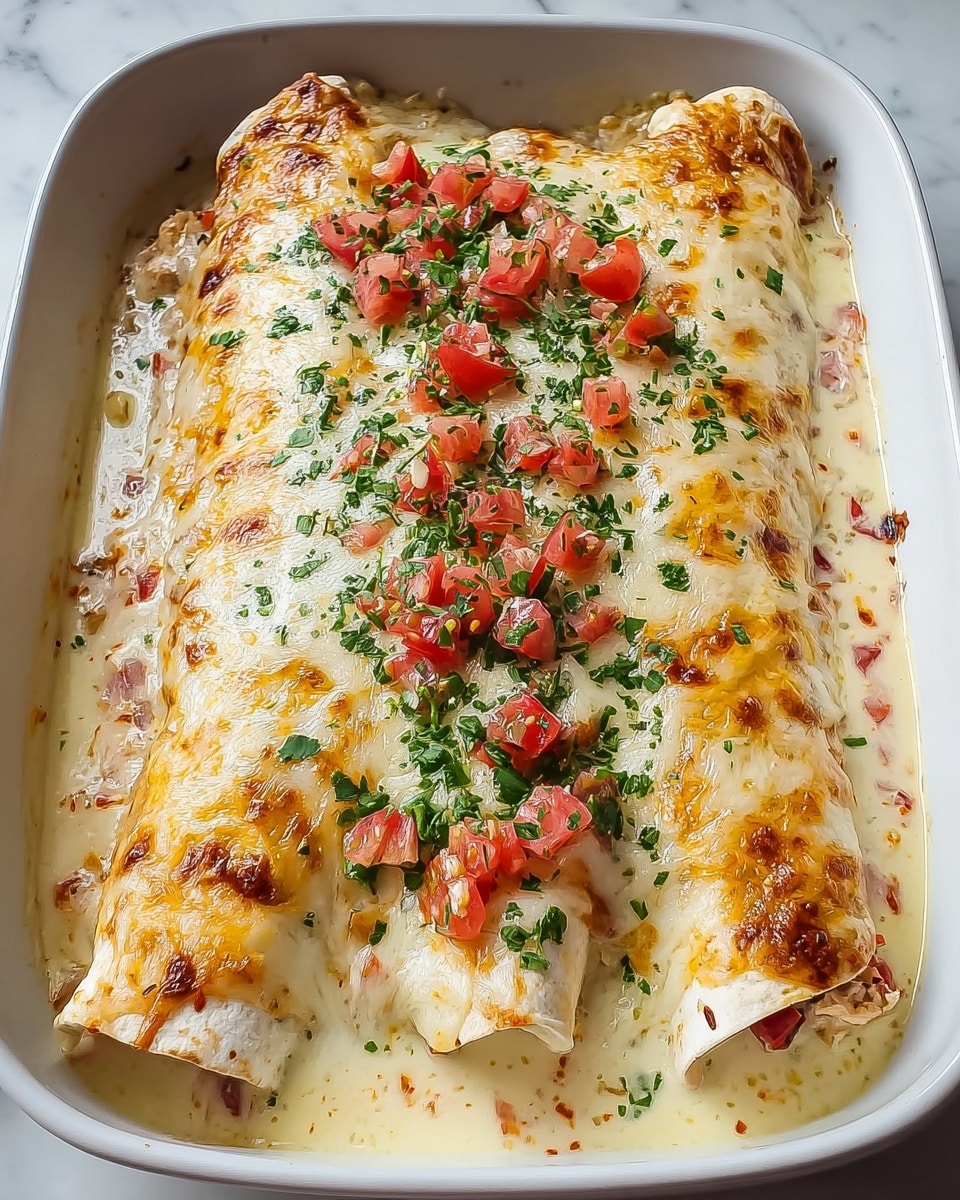 The dish shows three layered enchiladas covered in a melted, creamy white cheese sauce with hints of golden brown baked spots, and garnished with finely chopped fresh green herbs and small diced bright red tomatoes on top. The enchiladas rest in a shallow pool of creamy sauce that has visible red pepper flakes and small tomato pieces, and you can see tender shredded chicken mixed with diced red peppers peeking out from the edges. All is placed inside a white rectangular baking dish on a white marbled surface. Photo taken with an iphone --ar 4:5 --v 7