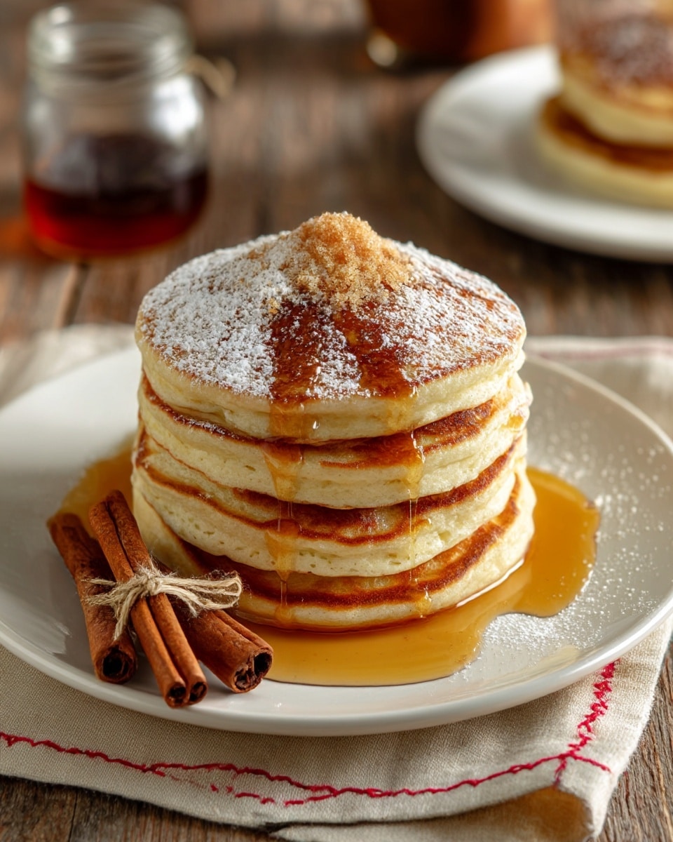 A stack of four thick, golden-brown pancakes sits in the center of a white plate on a beige cloth with red stitched edges, placed on a white marbled surface. Each pancake layer is fluffy and softly browned on top, with the top pancake dusted with white powdered sugar and a small mound of light brown sugar. Amber syrup is dripping down the sides and pooling on the plate beneath. On the right side of the plate, three cinnamon sticks are tied together with twine, resting against the pancakes. In the softly blurred background, another white plate holds a similar stack of pancakes. Photo taken with an iphone --ar 4:5 --v 7