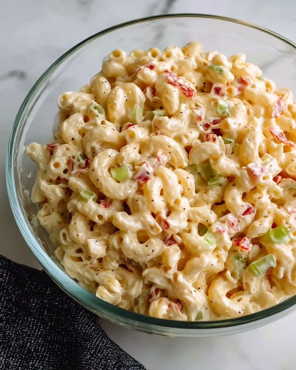 A close-up view of creamy macaroni salad served in a clear bowl, featuring small elbow macaroni pasta coated in a light yellow creamy dressing. Mixed throughout the pasta are small chopped pieces of red bell pepper, green bell pepper, and some orange bits that add color contrast. The texture appears smooth and moist with the creamy sauce evenly covering the pasta. The bowl is placed on a white marbled surface with a black-and-white cloth partially visible under the bowl. photo taken with an iphone --ar 4:5 --v 7