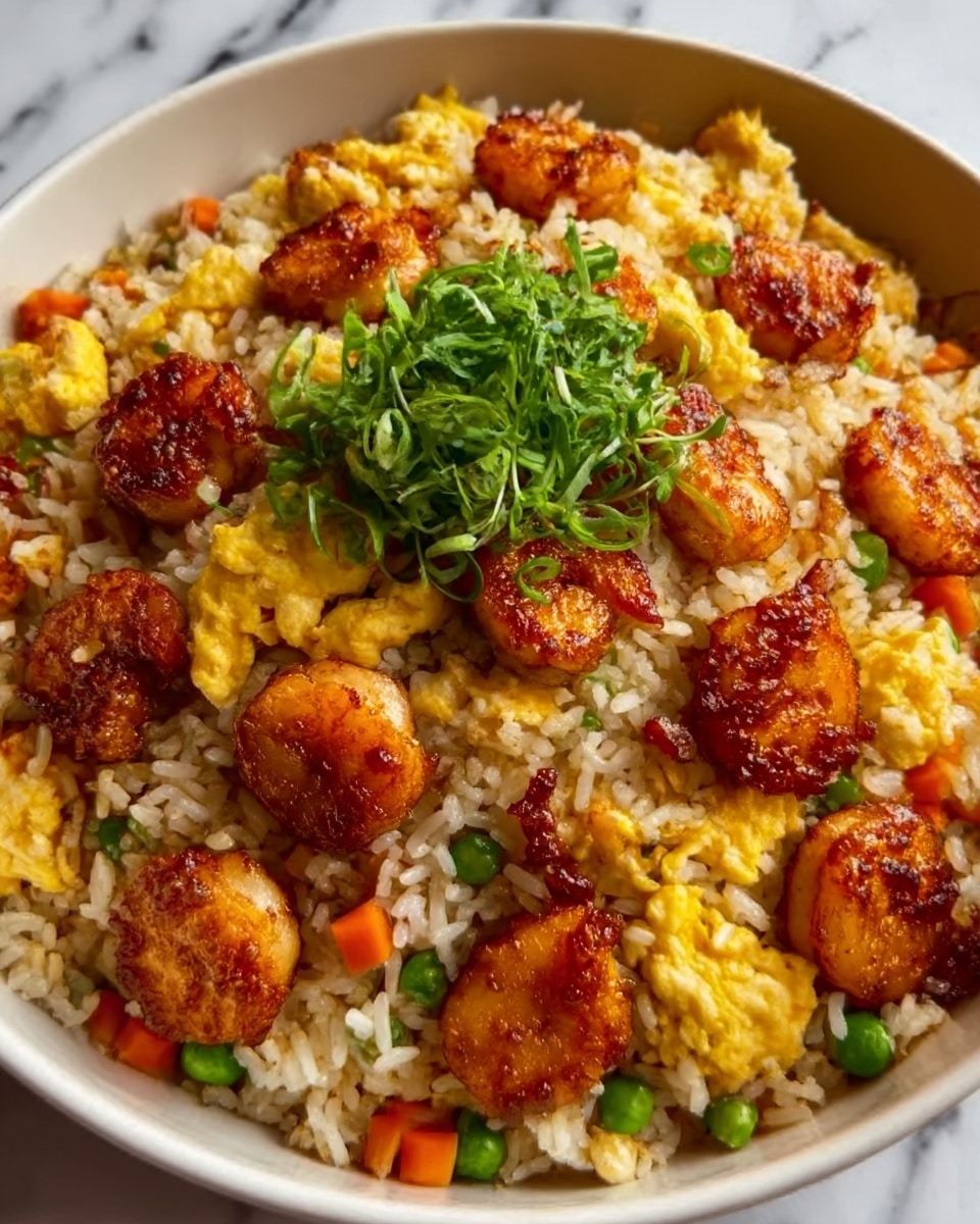 A white bowl filled with a rich mix of fried rice, showing several layers of fluffy, light brown rice grains at the base. On top, there are medium-sized dark golden brown fried pieces, likely chicken or tofu, scattered evenly. Bright yellow scrambled eggs and small green peas dot the dish, adding pops of color and texture. Tiny bits of red and orange vegetables are mixed within the rice, creating a colorful and textured surface. A small bunch of green herbs is placed neatly in the center as garnish. The bowl sits on a white marbled surface. Photo taken with an iphone --ar 4:5 --v 7