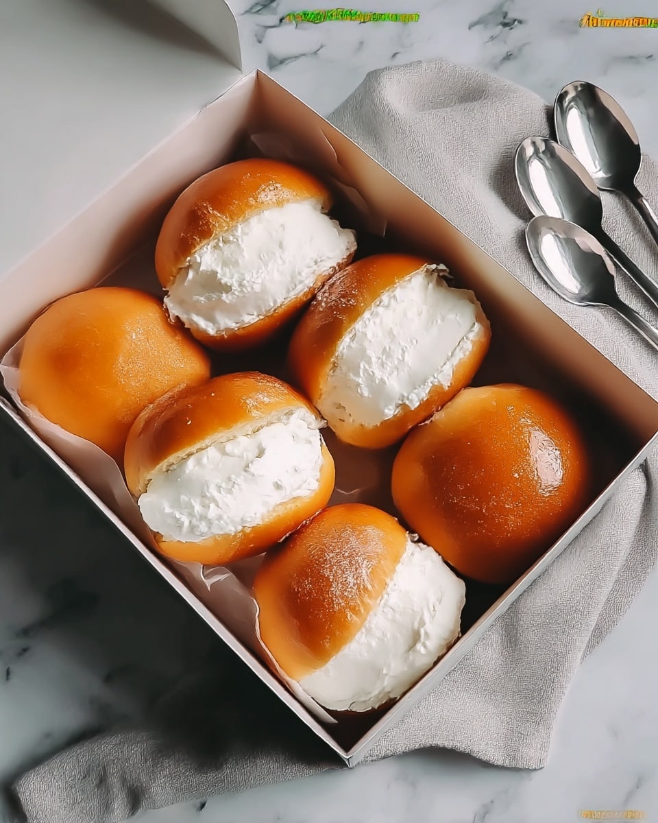 The image shows five soft round bread buns filled generously with thick white cream in the center, placed neatly inside a white square box. Each bun has a golden-brown outer layer with a shiny, slightly glazed texture, and the creamy filling is smooth and fluffy, visible through the sliced middle. The box is set on a table with a white marbled texture, and to the right, there are two shiny silver spoons resting on a dark cloth. Photo taken with an iphone --ar 4:5 --v 7