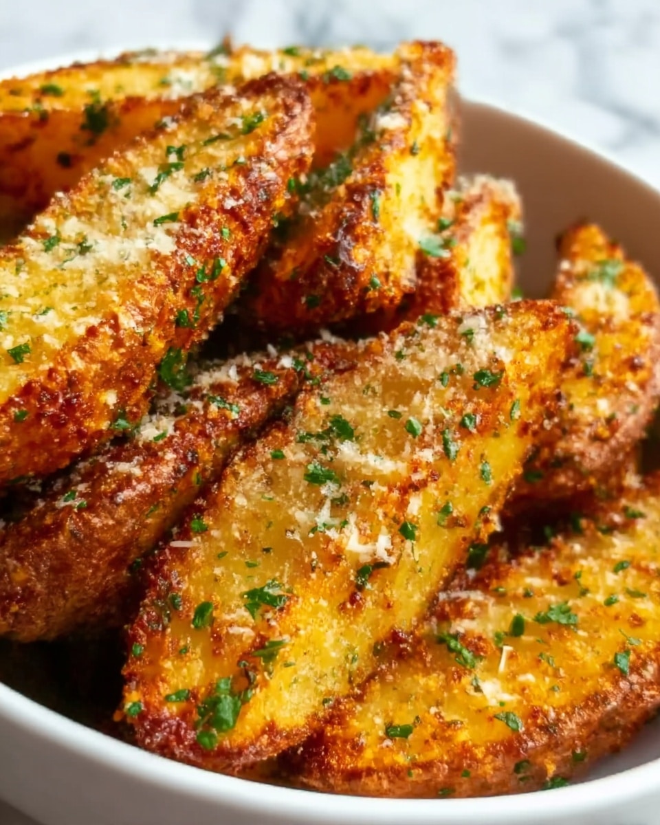 The image shows golden-brown potato wedges arranged in a white bowl, each wedge coated with a crispy layer of seasoning and herbs. The potato pieces have a rough, crunchy texture on the outside with visible bits of green parsley sprinkled on top. The crisply baked edges contrast with the softer, lighter yellow insides, giving a fresh and tasty look. Photo taken with an iphone --ar 4:5 --v 7