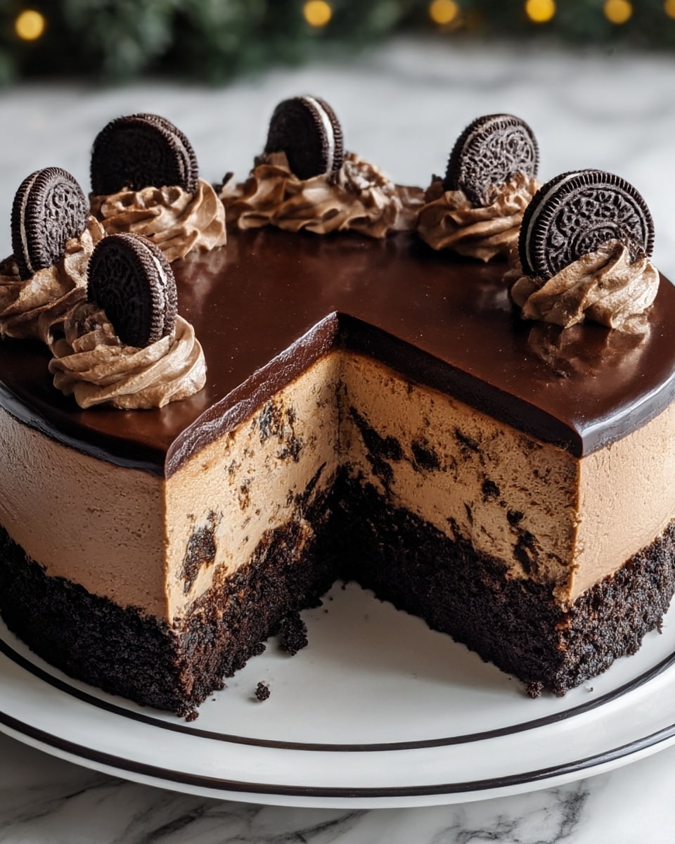 A rich chocolate cake with four visible layers sits on a white plate with a thin black edge, set on a white marbled surface. The bottom layer is a crumbly dark chocolate base, topped by a thick, smooth dark chocolate ganache layer. Above that is a large, thick middle layer of light brown chocolate mousse with small chunks of cookie mixed inside. The top layer is a glossy, dark chocolate ganache coating the whole cake smoothly. Around the edge of the cake, dollops of chocolate whipped cream are evenly spaced, each topped with a whole cookie. A slice is cut out, showing all the layers clearly. Photo taken with an iphone --ar 4:5 --v 7