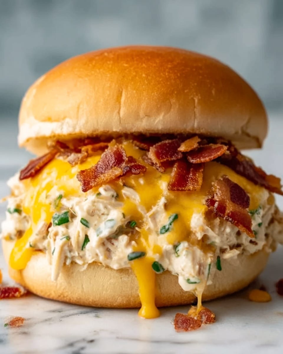 A sandwich with a soft, light brown bun on top and bottom. Inside, there is a thick layer of creamy chicken salad mixed with green herbs and small bits of vegetables. On top of the chicken salad, there is melted bright orange cheese dripping down the sides, topped with small pieces of crispy red bacon. The sandwich sits on a white marbled surface. photo taken with an iphone --ar 4:5 --v 7