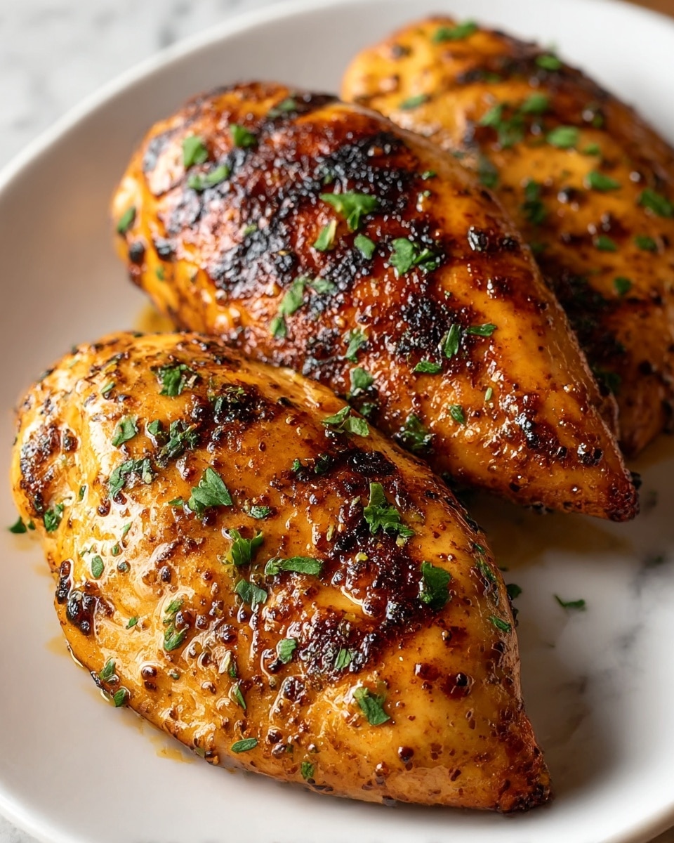 The image shows three grilled chicken breasts on a white plate, each piece cooked to a golden-brown color with dark char marks and a slightly crispy texture. The chicken is garnished with small green parsley leaves scattered evenly on top, adding a fresh contrast to the warm tones of the meat. The surface of the chicken has a shiny glaze from the cooking juices and seasoning, giving it a moist appearance. The background is a white marbled texture which highlights the rich colors of the chicken. photo taken with an iphone --ar 4:5 --v 7