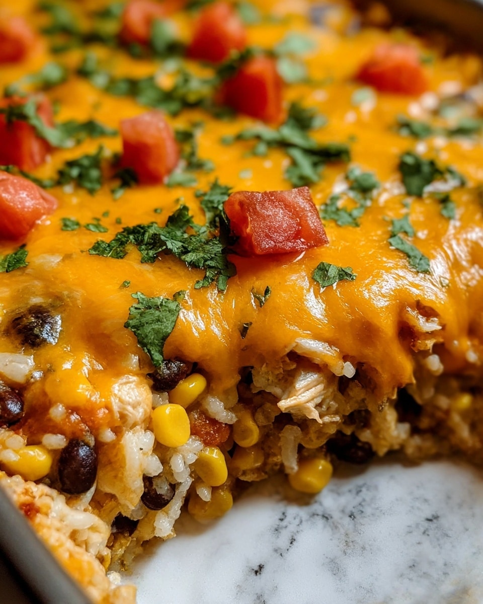 The dish shows a close-up of a layered baked casserole in a tray. The bottom layer is a mix of cooked white rice with visible yellow corn kernels and black beans scattered throughout. Above the rice, there are pieces of chicken mixed in. The top layer is melted bright orange cheese, gooey and stretchy, covering the whole dish. On top of the cheese, small chunks of red tomato and chopped green cilantro are sprinkled evenly, adding color contrast. The background surface has a white marbled texture. Photo taken with an iphone --ar 4:5 --v 7