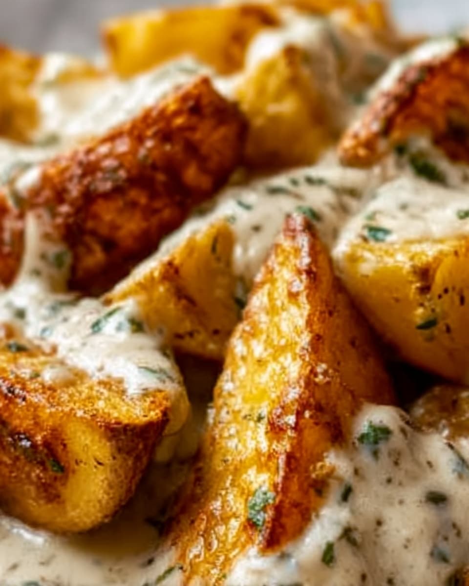 The image shows a close-up of golden-brown roasted potato pieces, each covered with a layer of creamy white sauce sprinkled with green herbs. The potatoes have a slightly crispy outer texture and a soft inside, with the sauce looking smooth and rich, sitting on top and seeping into some areas. Behind the potatoes, parts of other food items with a light golden color are slightly blurred. The background is a white marbled texture. Photo taken with an iphone --ar 4:5 --v 7