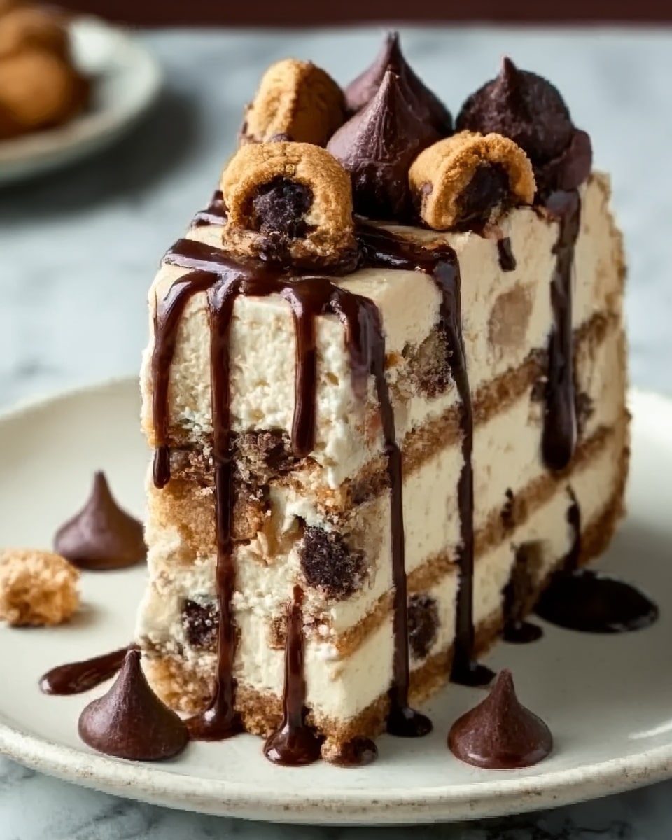 A tall slice of layered dessert sits on a white plate, featuring a creamy, light beige base mixed with small chunks of cookies and dark chocolate pieces. The dessert has several visible layers, with a thick drizzle of dark chocolate syrup flowing down the sides. On top, there are whole mini cookie chunks and dollops of chocolate adding texture and color contrast. The background is a white marbled surface. Photo taken with an iphone --ar 4:5 --v 7