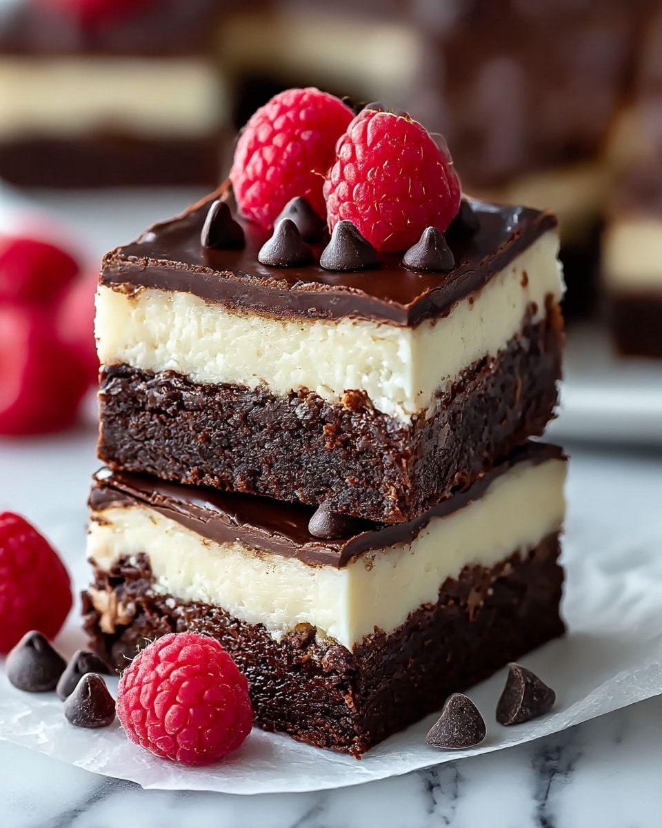 The image shows two stacked square brownies with three visible layers: a bottom thick dark brown chocolate base, a middle thick creamy white cheesecake layer, and a top thin glossy dark brown chocolate layer with a few chocolate chips scattered on it. Three bright red raspberries sit on top of the upper brownie, with one ripe raspberry and a few chocolate chips placed beside the stack on a white plate lined with parchment paper. The background features blurred red raspberries and a white marbled texture beneath the plate. photo taken with an iphone --ar 4:5 --v 7