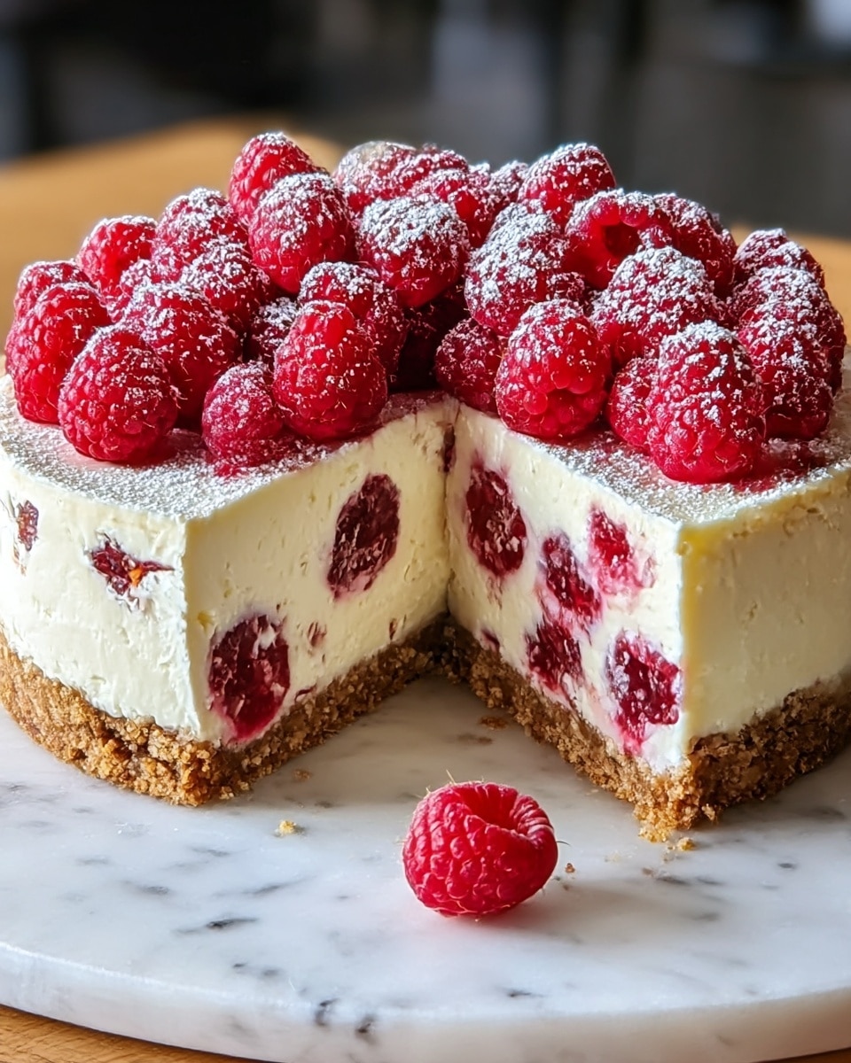 The image shows a round cheesecake with three distinct layers on a white marbled surface. The bottom layer is a crumbly, golden-brown crust that looks crunchy. Above that is a thick, creamy white layer filled with whole bright red raspberries embedded inside. The top layer is composed of fresh raspberries piled thickly across the surface, dusted lightly with powdered sugar, adding extra texture and a soft white contrast to the red berries. One slice has been cut out, showing the smooth texture of the cheesecake’s inner layer and the juicy raspberries. Photo taken with an iphone --ar 4:5 --v 7