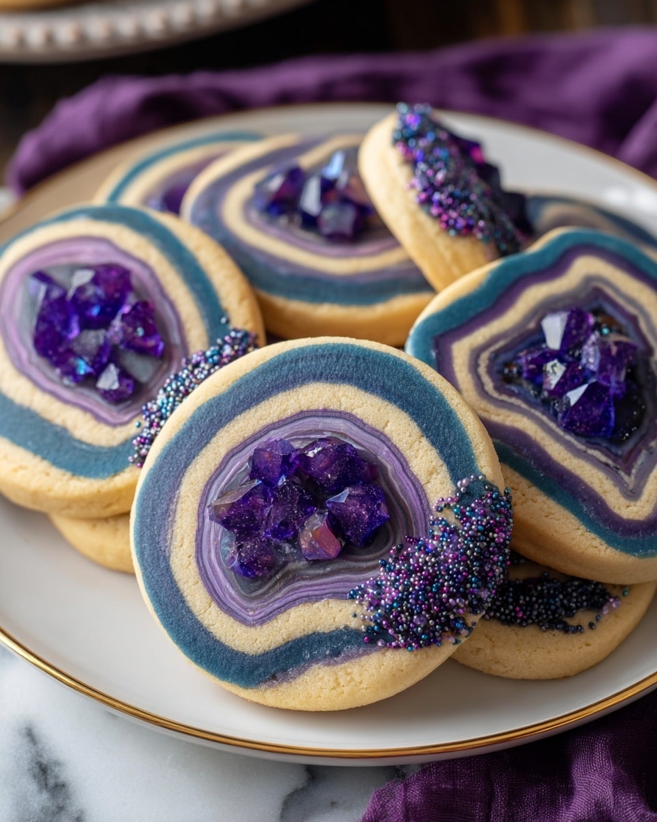 A white plate with a gold rim holds several round geode cookies, each showing layered rings of cream, purple, dark blue, and black colors. The center of every cookie is hollow and filled with shiny purple sugar crystals that look like small gems. One edge of each cookie is decorated with dark purple and black sprinkles, adding texture. The cookies have smooth, firm edges and a mix of soft and crunchy textures visible in the layers and toppings. The setting includes a purple cloth under the plate and the cookies appear bright and clear on a white marbled surface. photo taken with an iphone --ar 4:5 --v 7