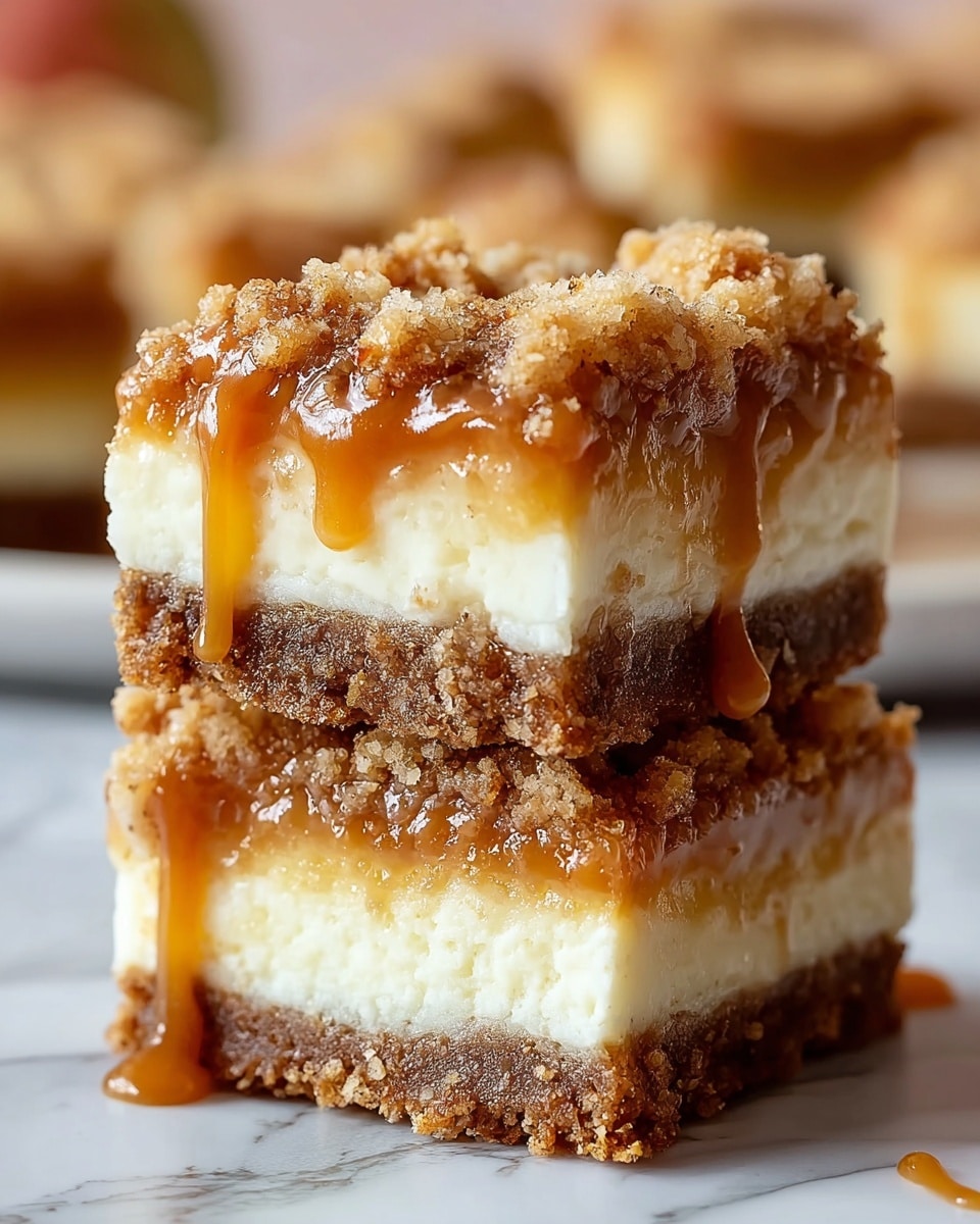 The image shows two dessert bars stacked on top of each other, each bar has four visible layers: a crumbly, light brown base layer with a rough texture, a thick smooth white layer resembling cream cheese, a thin golden yellow layer above it, and a top crumbly layer similar in color and texture to the base. Rich caramel sauce is drizzled generously over both bars, flowing down the sides in shiny, smooth streams. The bars rest on a white marbled surface, with a blurred background that hints at more bars. Photo taken with an iphone --ar 4:5 --v 7