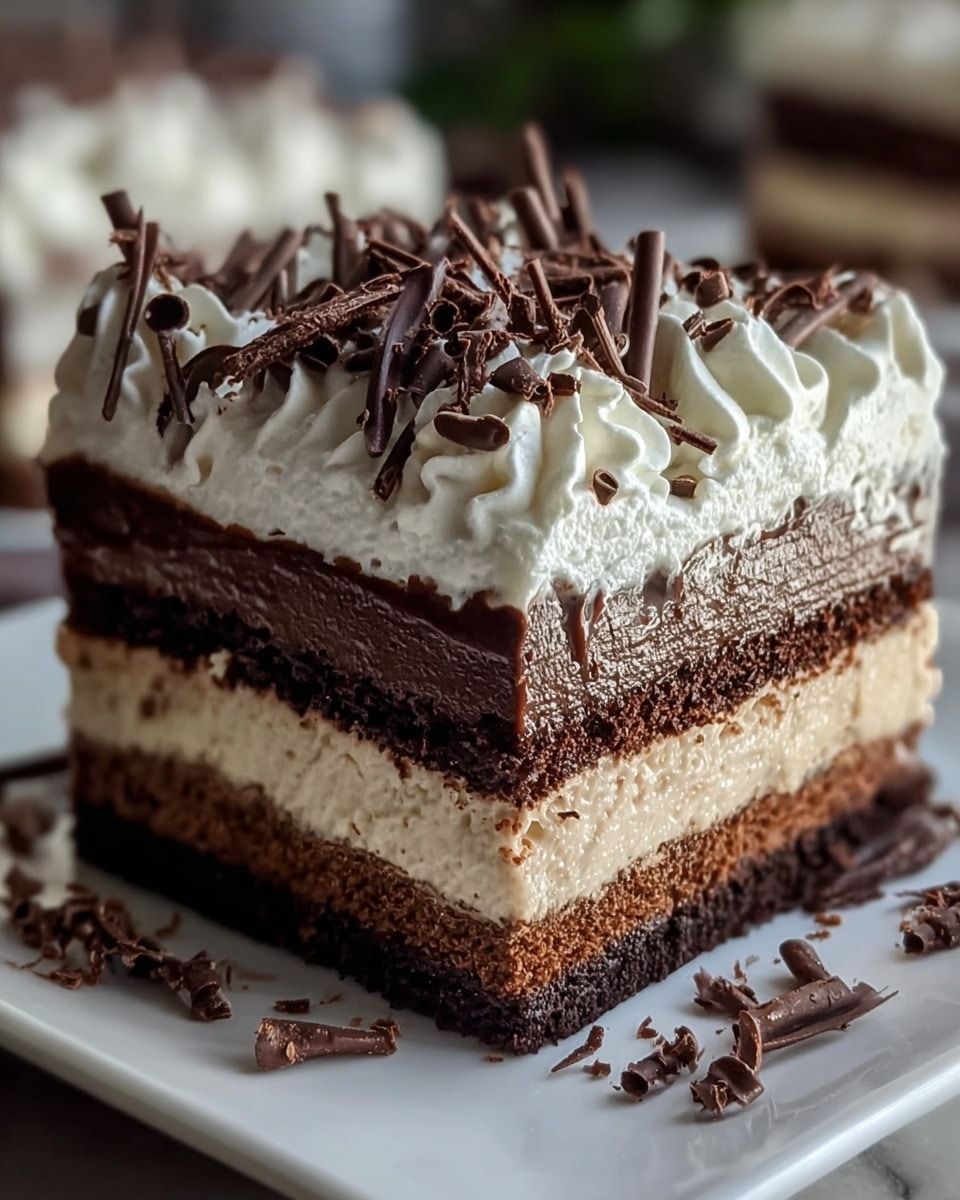 A close-up view of a square layered chocolate dessert on a white plate, placed on a white marbled textured surface. The dessert has four main layers: the bottom layer is dark and moist chocolate cake, the second layer is light and creamy beige mousse, the third layer is another layer of dark chocolate cake, topped with a smooth, light-colored cream layer. On top, there is a thick glossy chocolate ganache layer, decorated with swirls of white whipped cream and scattered thin chocolate shavings. Some chocolate shavings are also spread on the white plate around the dessert. Photo taken with an iphone --ar 4:5 --v 7