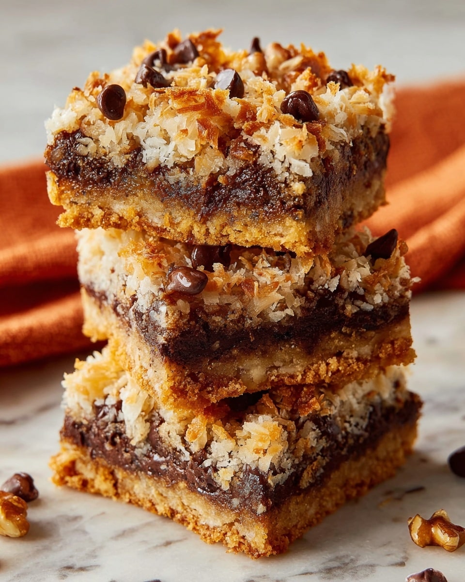The image shows a stack of three dessert bars, each having four visible layers. The bottom layer is a light brown, crumbly cookie crust. Above it is a thick, dark layer of melted chocolate mixed with walnuts. The third layer consists of white shredded coconut, and the top layer is golden brown toasted coconut and walnut pieces, giving a crunchy texture. Some chocolate chunks are scattered on the top. The stacked bars are placed on a white marbled surface with an orange cloth with a beige trim beside them. Photo taken with an iphone --ar 4:5 --v 7