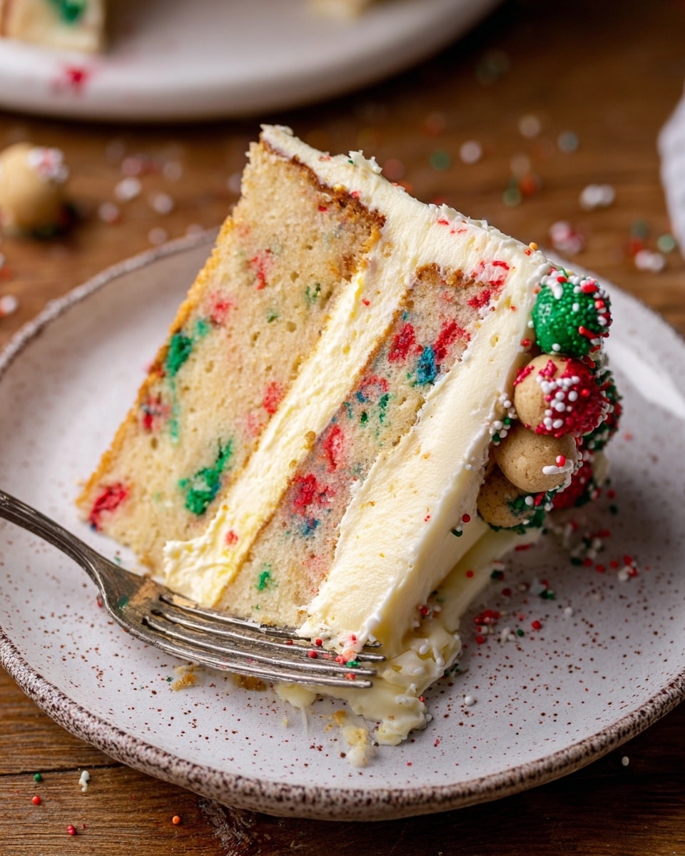 A slice of funfetti cheesecake rests on a white speckled plate with a few colorful sprinkles scattered nearby. The cake slice shows three main layers: the bottom is a light beige cake layer with red and green sprinkles; the middle is a thick creamy pale yellow cheesecake layer with small red and green bits mixed in; the top layer is a thin white frosting coated with red, green, and white round and stick sprinkles. On the right side of the slice, small round ball decorations covered in sprinkles add texture. A vintage silver fork pierces the slice near the bottom, lifting a small bite. The scene is set on a white marbled surface. photo taken with an iphone --ar 4:5 --v 7