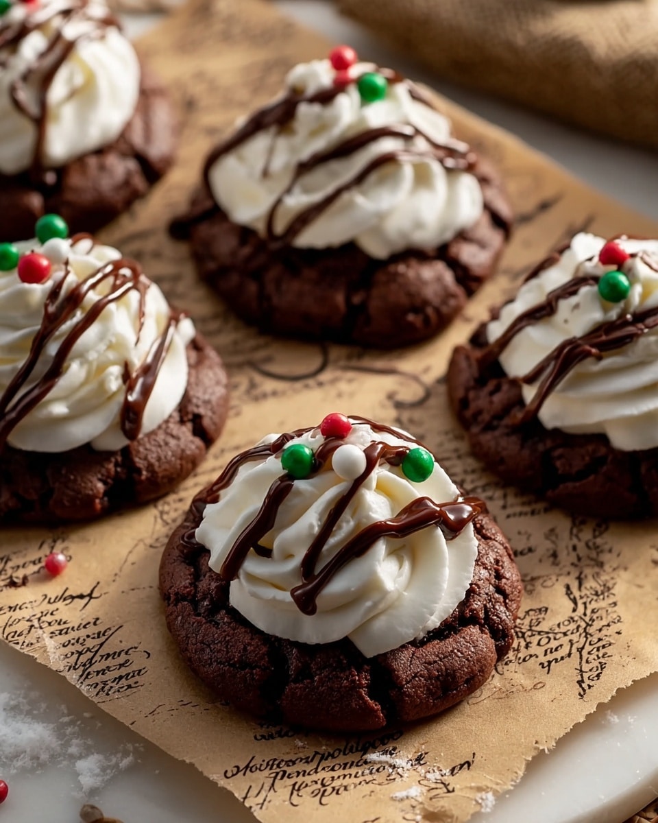 Five round chocolate cookies are placed on brown paper over a white marbled surface. Each cookie has one thick, soft white cream dollop on top, shaped with swirled layers, and is drizzled with smooth chocolate sauce in curving lines. Red and green small round sprinkles are scattered on the cream, adding bright spots of color. The cookies have a slightly cracked texture and are positioned in a loose cluster, with warm light highlighting their details. Photo taken with an iphone --ar 4:5 --v 7