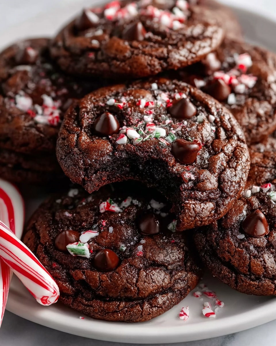 The image shows thick, dark brown chocolate cookies with a shiny, slightly cracked surface. Each cookie has large, melted chocolate chips on top, and they are sprinkled with small, white and red crushed peppermint pieces. One cookie in the center is partially bitten, exposing a rich, gooey inside that looks soft and moist. The cookies are arranged on a white plate, with a whole candy cane placed near the front. The background has a white marbled texture. photo taken with an iphone --ar 4:5 --v 7