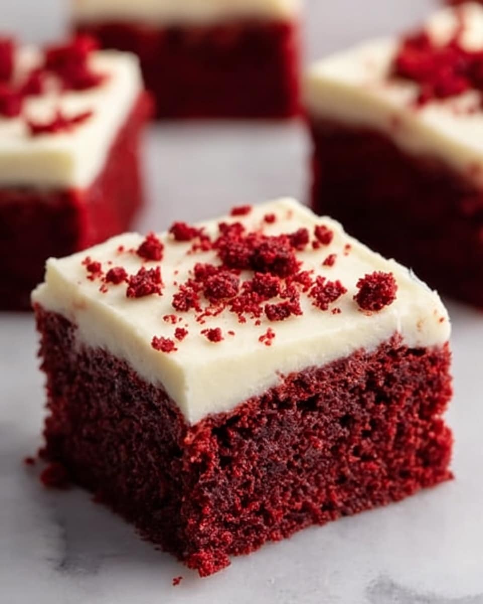 The image shows a close-up of a square piece of red velvet cake with two distinct layers. The bottom layer is thick, deep red, and moist with a slightly crumbly texture. On top is a smooth, creamy white frosting layer that is evenly spread and a bit thick. There are small red crumbs sprinkled on the surface of the frosting. The background is a white marbled texture. photo taken with an iphone --ar 4:5 --v 7
