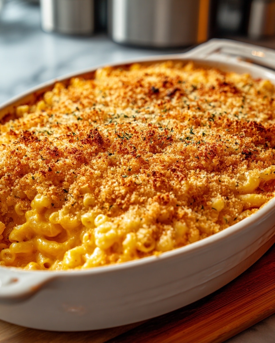 A large oval red baking dish filled with macaroni and cheese is shown. The dish has a crunchy, golden-brown breadcrumb layer on top that is speckled with small dark herbs. Underneath the topping, the creamy, pale yellow macaroni pasta is visible, tightly packed and baked. The edges of the white inside of the baking dish show some browned spots where the cheese has bubbled and crisped. The background is blurred with a warm kitchen atmosphere, and the dish rests on a white marbled texture surface. photo taken with an iphone --ar 4:5 --v 7