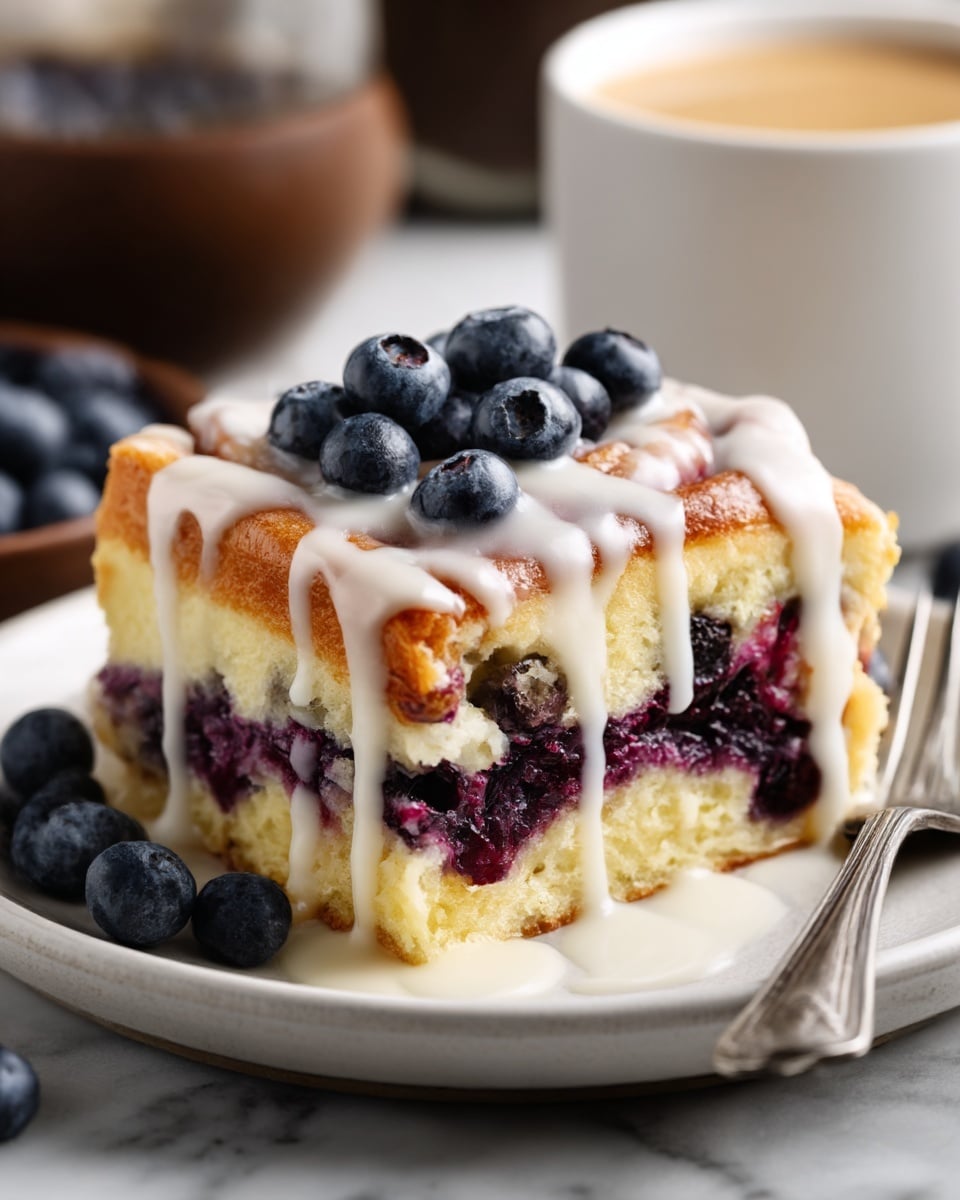A white plate holds a single cinnamon roll that has three visible layers: the soft, golden-brown dough on top with a slightly crispy edge, a thick creamy white glaze drizzled across the top, and a rich layer of fresh blueberries both inside the roll and scattered on top, some sinking into the glaze. The interior dough looks moist with blueberries bursting through. In the background, there is a blurred white cup of coffee on a white marbled surface. The photo was taken with an iphone --ar 4:5 --v 7