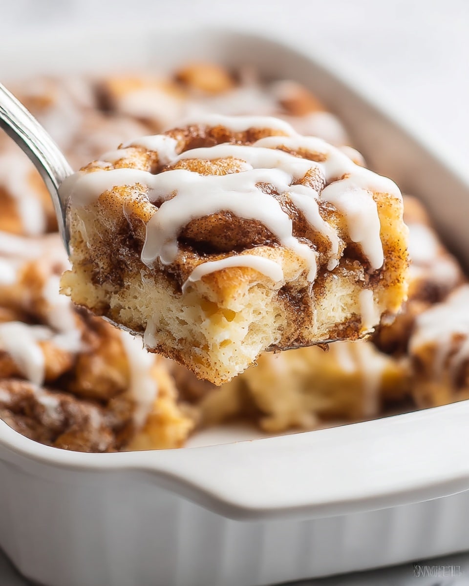 A close-up view of a warm cinnamon roll bake showing one piece being lifted with a silver spoon from a white baking dish. The dish holds multiple chunks of soft, golden-brown dough with swirls of dark cinnamon filling. On top of each piece is a drizzle of smooth, white icing that contrasts with the textured, slightly crispy edges of the bake. The background is a white marbled texture. photo taken with an iphone --ar 4:5 --v 7
