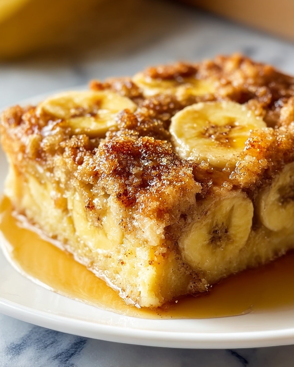 A close-up of a square piece of banana dessert with three visible layers: the bottom layer is a soft, light yellow cake with banana slices embedded inside; the middle layer is a golden-brown syrup soaked into the cake, creating a shiny texture around the base; the top layer is a crumbly, golden-brown streusel with small clusters and sugar crystals sprinkled on top. The dessert is served on a white plate, placed on a white marbled surface, with a blurred yellow fruit in the background. Photo taken with an iphone --ar 4:5 --v 7