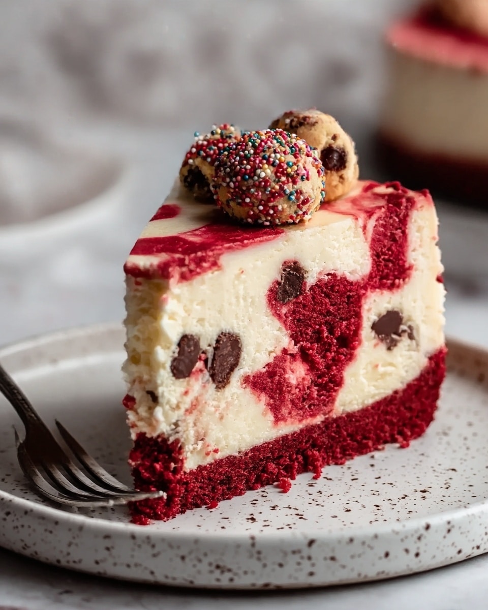 This image shows a slice of cheesecake on a white plate with black speckles, sitting on a white marbled surface. The cake has three visible layers: the bottom layer is dense and red with a crumbly texture, the middle layer is creamy and light-colored with red swirls and dark chocolate chunks spread throughout, and the top layer is a smooth cream with red swirled patterns. On top of the slice are two round cookie dough balls decorated with small colorful sprinkles, placed neatly near the edge. A silver fork rests beside the cake on the plate. Photo taken with an iphone --ar 4:5 --v 7