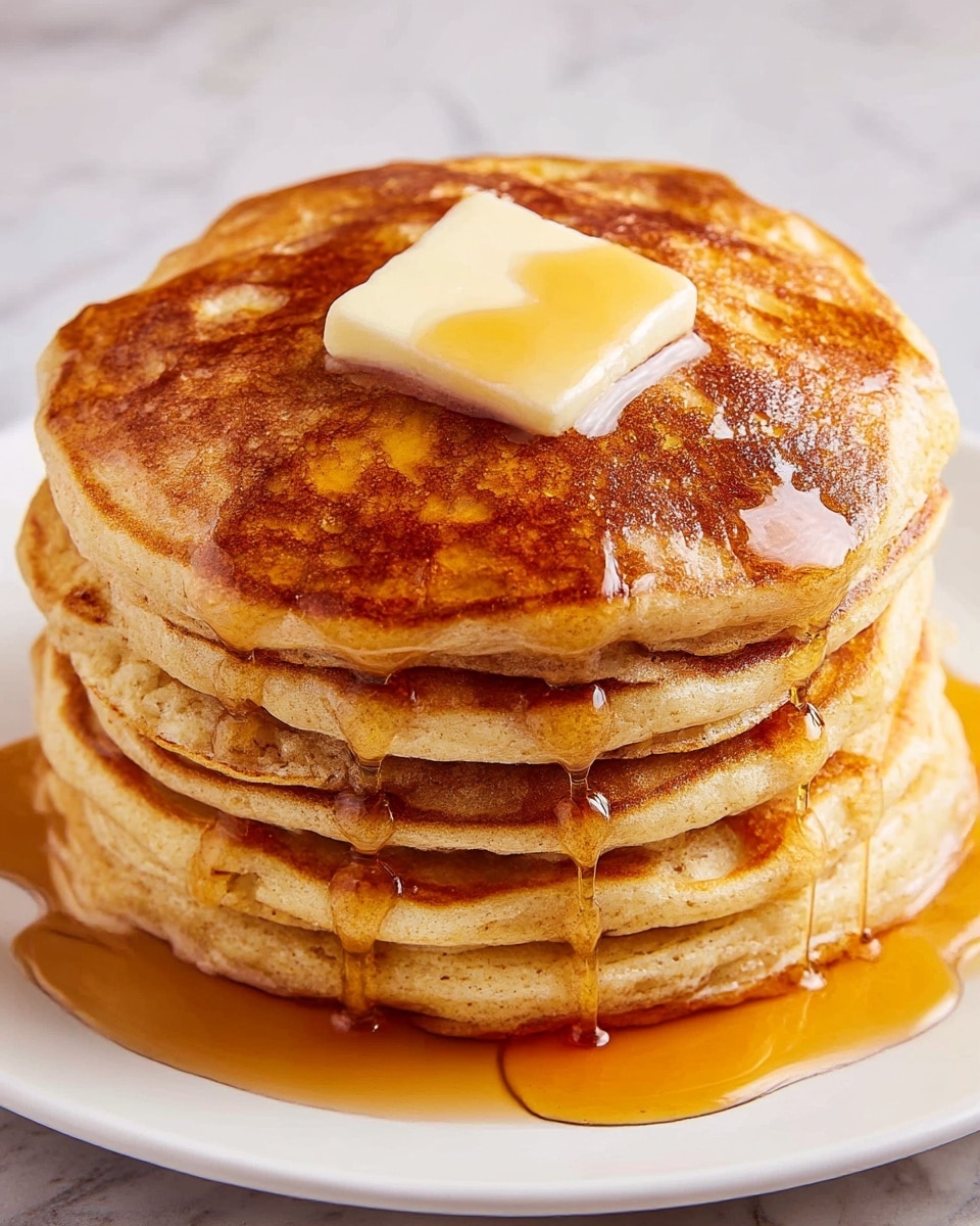 A stack of five thick, golden brown pancakes sits centered on a white plate, each layer showing a soft, slightly fluffy texture with tiny air bubbles visible on the sides; the top pancake is darker with a smooth surface, topped with a square pat of pale yellow butter melting slightly, and warm maple syrup drizzling down from the butter in amber streams that cascade over the sides and pool lightly at the base. The plate is set on a white marbled surface. photo taken with an iphone --ar 4:5 --v 7