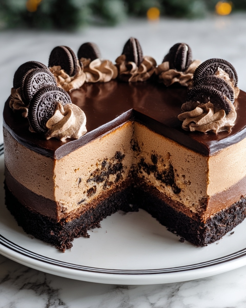 A round chocolate cake is shown with one slice cut out, revealing four distinct layers: at the bottom, a dark crumbly chocolate crust, followed by a thick dark chocolate fudge layer, then a lighter chocolate mousse layer with bits of cookie mixed in, and topped with a smooth glossy chocolate ganache. The top edge of the cake is decorated with swirls of chocolate cream, each holding a half Oreo cookie. The cake sits on a white plate with a thin black rim, placed on a white marbled surface, with a blurred background of warm yellow lights. Photo taken with an iphone --ar 4:5 --v 7