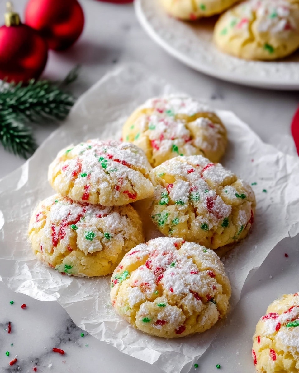 The image shows five soft, round cookies stacked closely on crumpled white parchment paper placed on a white marbled surface. Each cookie has a light yellow, slightly cracked dough base and is coated with a layer of fine white powdered sugar. Scattered green, red, and white sprinkles are embedded in the powdered sugar, adding colorful texture. In the background, there is a white plate partly visible with more crumbled cookie pieces, and a sprig of green pine adds a festive touch to the corner. Photo taken with an iphone --ar 4:5 --v 7