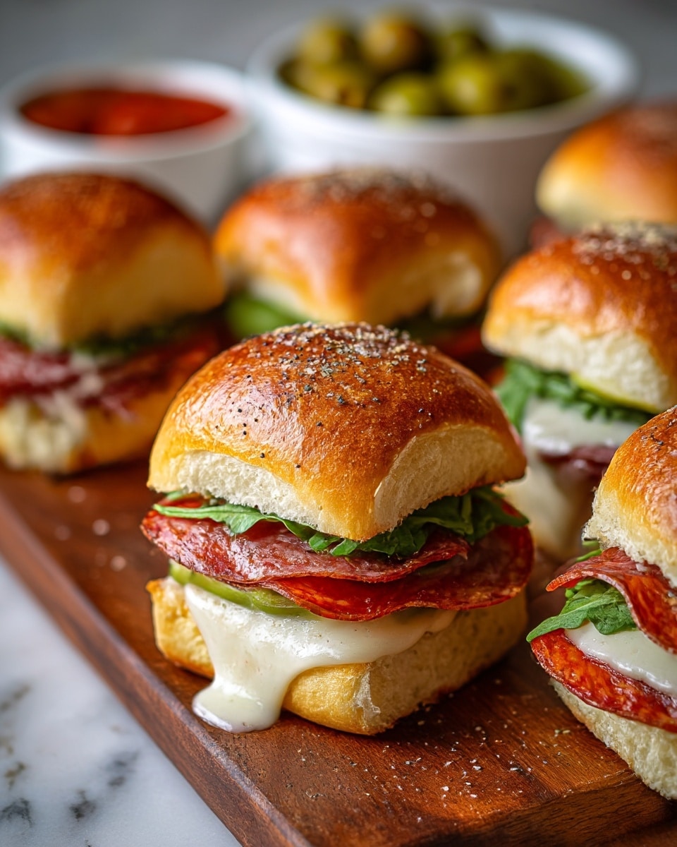 The image shows a close-up of four mini sandwiches on a wooden board placed on a white marbled texture. Each sandwich has three visible layers inside soft, golden-brown slider buns with a sprinkle of herbs and spices on top. The bottom layer is melted white cheese that slightly oozes out; above it is a layer of folded salami slices, followed by thin red tomato slices and some green leafy herbs adding freshness. The buns have a shiny, slightly crispy texture with coarse salt and pepper sprinkled on top. In the blurry background, white bowls with pickles and red sauce can be seen. photo taken with an iphone --ar 4:5 --v 7