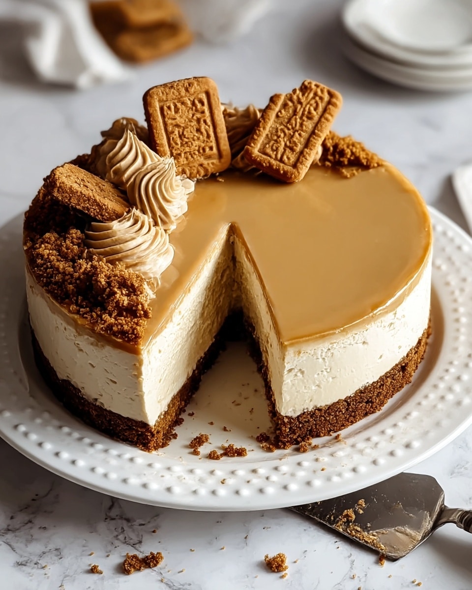 A round, three-layer caramel cheesecake sits on a white plate with a dotted border, placed on a white marbled surface. The bottom layer is a thick, crumbly light brown crust, the middle layer is a smooth, creamy off-white cheesecake filling, and the top layer is a glossy caramel-colored gel. Crushed crumbs decorate the outer edge of the cheesecake, and two heart-shaped cookies with caramel frosting rest on the top left side. A slice is missing, revealing the layers inside and some crumbs scattered on the plate. A silver cake server lies nearby with crumbs on its edge. Photo taken with an iphone --ar 4:5 --v 7