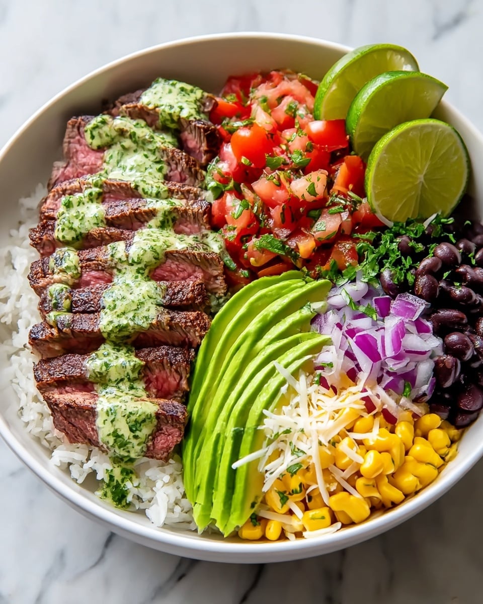 A white bowl full of food layers on a white marbled surface. The bottom layer is white rice spread across the bowl. On top, there are slices of medium-rare grilled steak with dark seared edges, laid in a row on one side, drizzled with a green herb sauce. Next to the steak, there is a pile of bright yellow corn mixed with shredded white cheese and sprinkled with green herbs. Adjacent to the corn, there are black beans topped with chopped red onion and herbs. Above that, thinly sliced avocado is fanned out with a fresh green look. Beside the avocado, bright red chopped tomatoes with green herbs add a splash of color. Three lime wedges rest at the top edge of the bowl. The whole dish looks fresh and vibrant. photo taken with an iphone --ar 4:5 --v 7