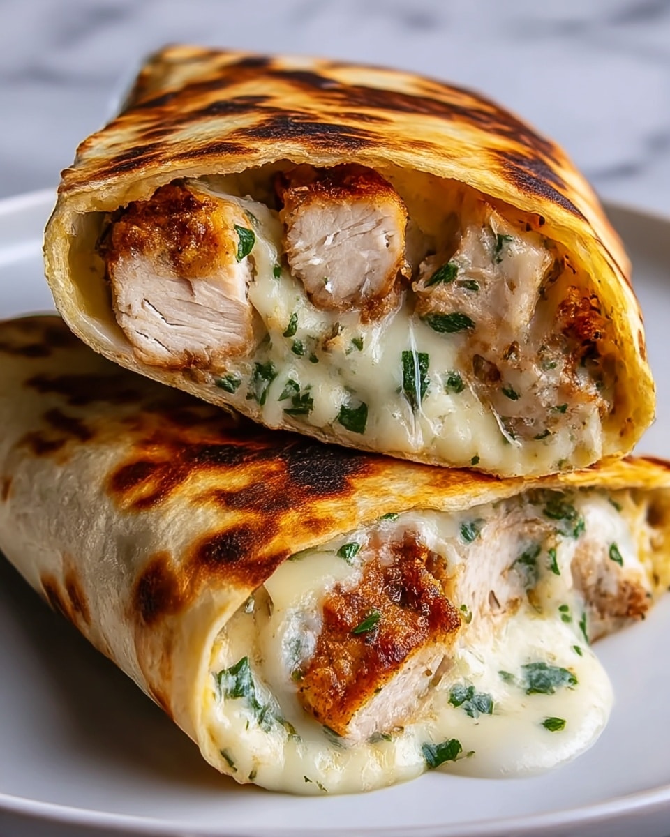 Two rolled tortillas filled with grilled chicken pieces and melted white cheese, visible as the tortillas are cut in half, showing gooey cheese stretching and fresh green herbs sprinkled inside. The tortillas have a toasted golden-brown surface and are stacked on a white plate on a white marbled surface. photo taken with an iphone --ar 4:5 --v 7