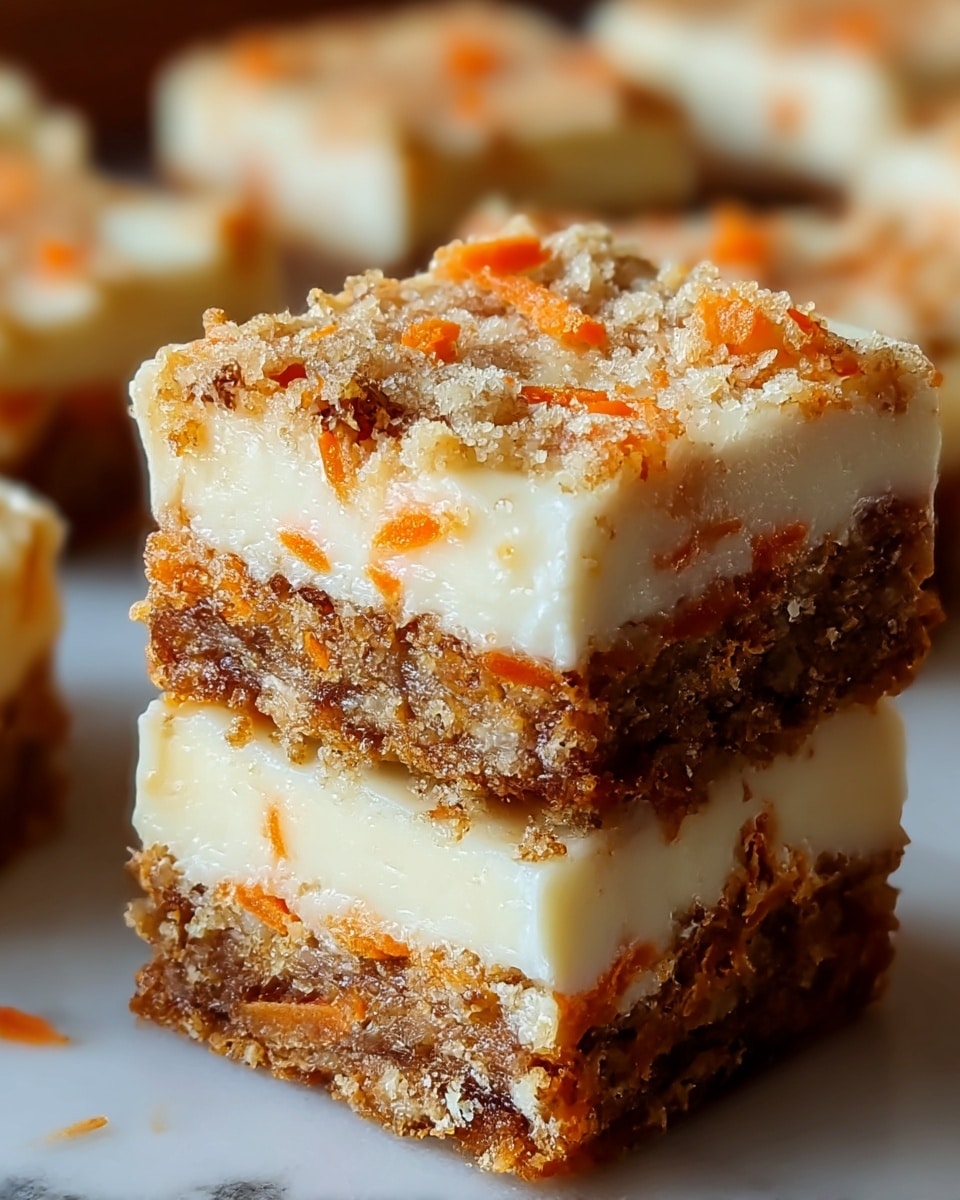 The image shows two square pieces of a layered dessert stacked on top of each other, with more pieces blurred in the background. Each piece has three visible layers: the bottom layer is a crumbly, rough-textured brown base with bits of orange, the middle layer is thick and creamy white, and the top layer is a mix of small orange chunks scattered in creamy white, sprinkled with a coarse brown crumb or sugar. The edges show a slightly uneven, soft texture, and everything rests on a surface with a white marbled texture. photo taken with an iphone --ar 4:5 --v 7